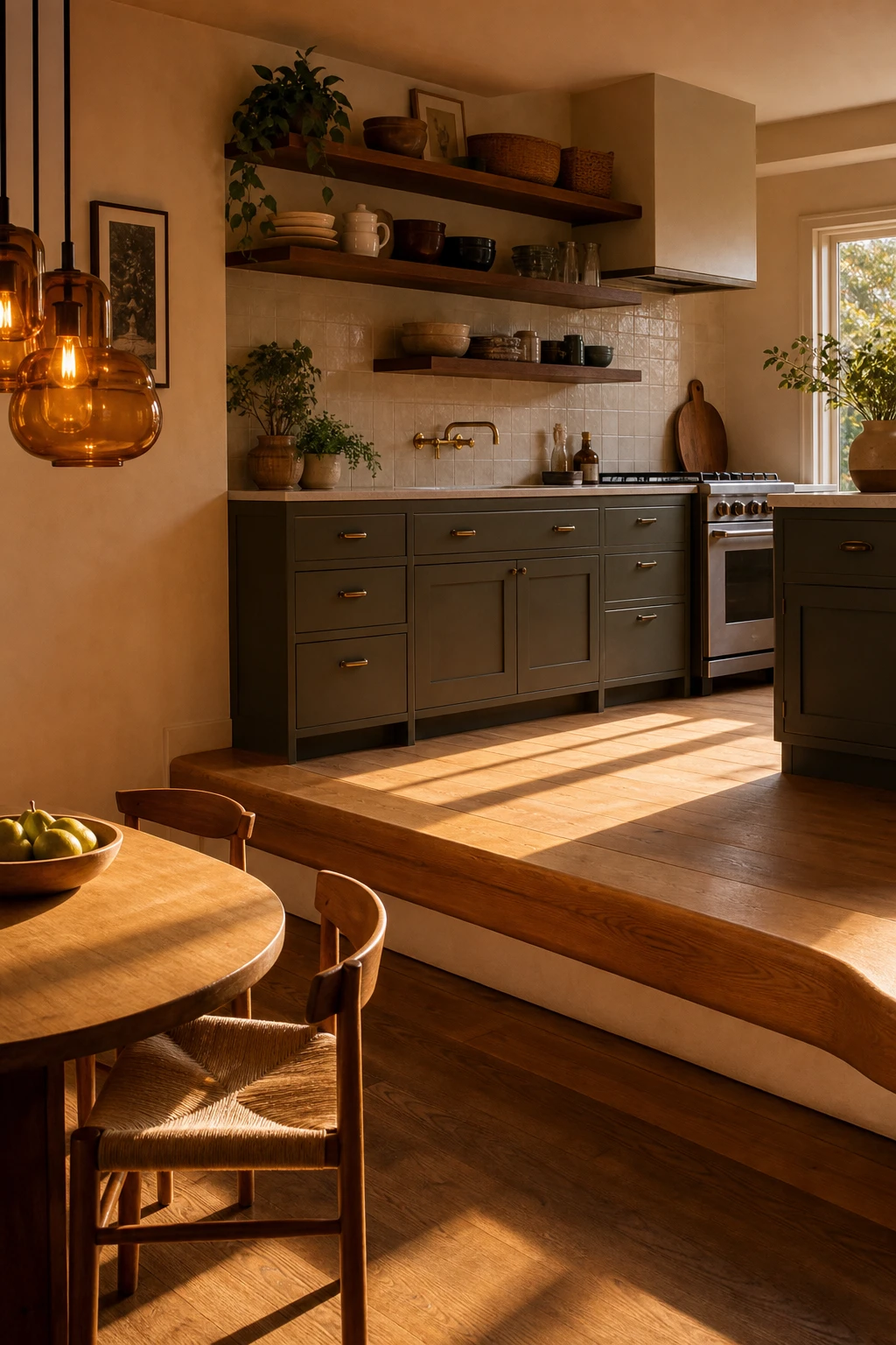 Small 70s kitchen remodel with split level layout, warm wood step detail, open shelving, and Farrow & Ball Cord painted lower cabinetry in a retro inspired space