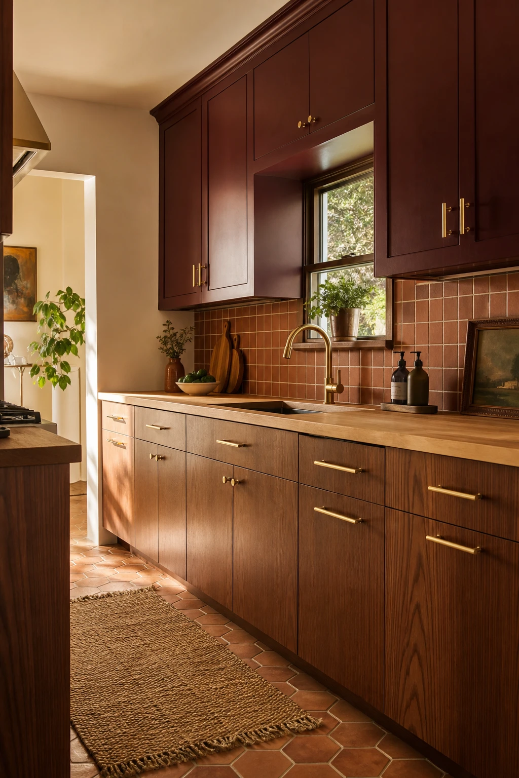 Small 70s kitchen remodel with two tone cabinets, walnut lower cabinets paired with painted upper cabinets in Farrow and Ball Mahogany, warm natural light