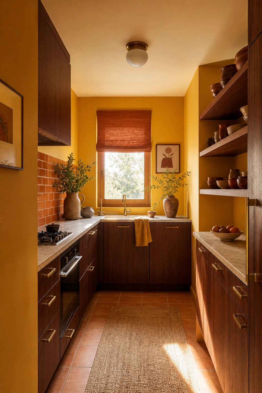 Small 70s kitchen remodel with warm MCM palette featuring amber and ochre tones, terracotta accents, wood cabinetry, and Farrow and Ball India Yellow walls