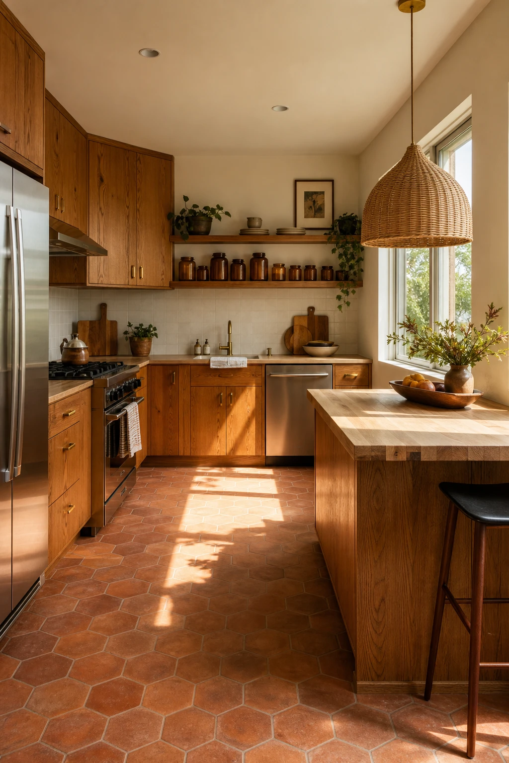 Small 70s kitchen remodel with warm wood cabinets as hero feature, Farrow and Ball Tallow walls, terracotta floor tiles, and rattan pendant light