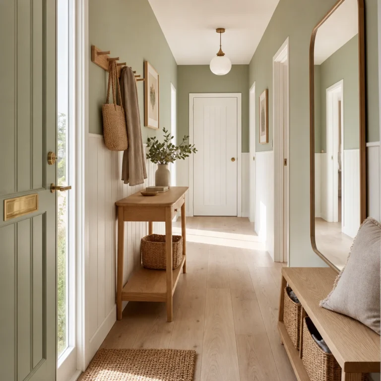 Small Scandinavian hallway with board and batten panelling, sage green upper walls, pale oak flooring, a slim console table, woven basket bench storage, and a wall mirror in soft morning light.