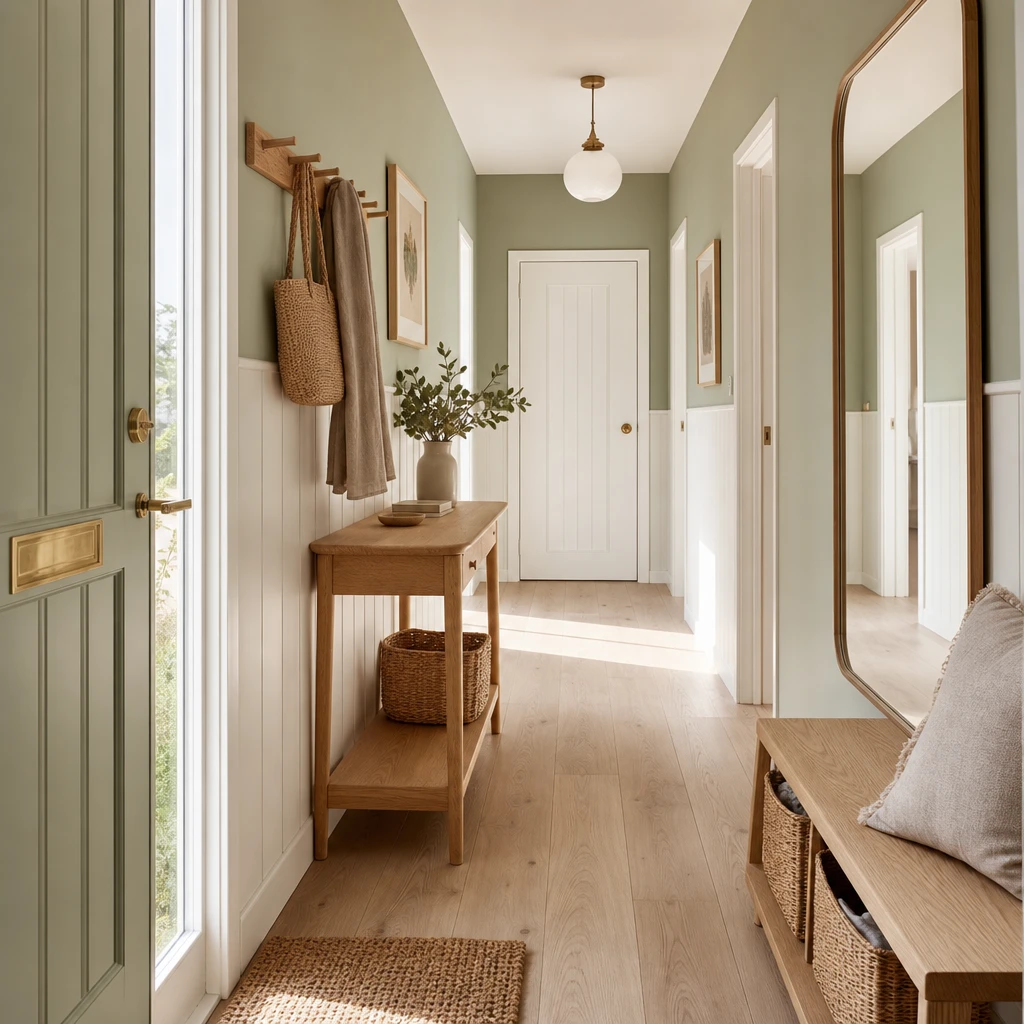Small Scandinavian hallway with board and batten panelling, sage green upper walls, pale oak flooring, a slim console table, woven basket bench storage, and a wall mirror in soft morning light.