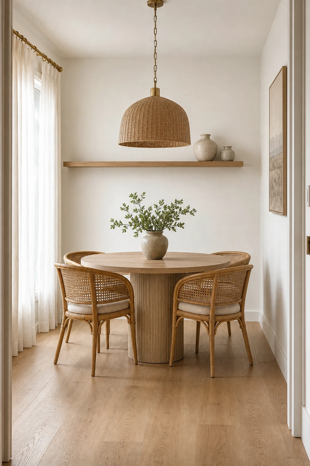 Small modern coastal dining room with a round pedestal table as the hero, Hardwick White walls, rattan chairs, and soft natural light from a sheer curtained window