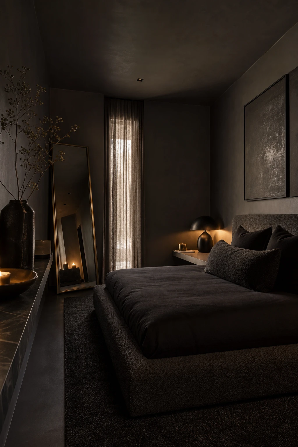 Small modern dark luxury master bedroom with Manor House Gray walls, low platform bed, tall slim mirror, layered moody textiles and warm ambient lighting