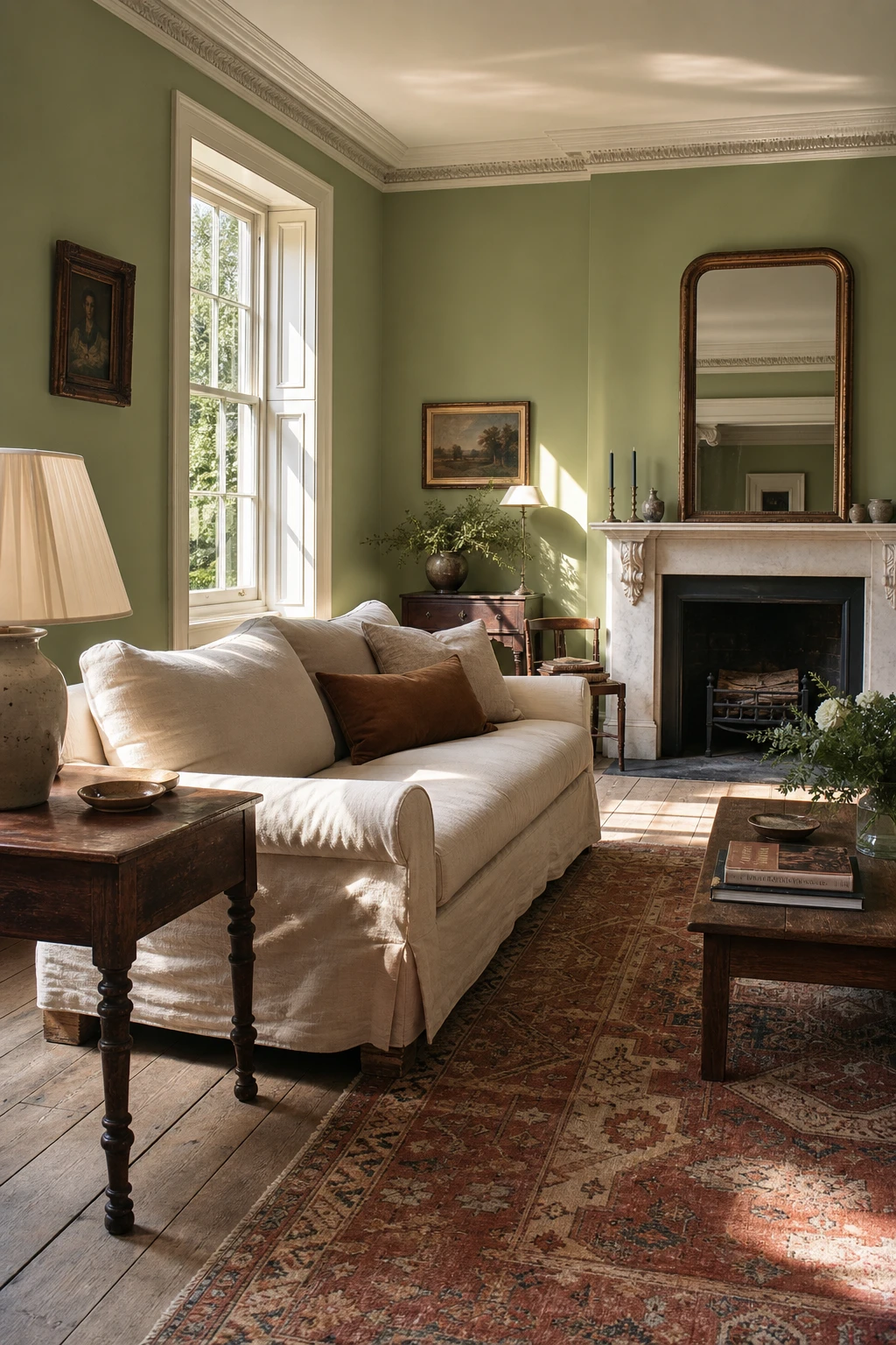 South facing English sitting room painted in Farrow and Ball Pea Green with tall sash windows flooding warm afternoon light across linen sofas and antique oak furniture