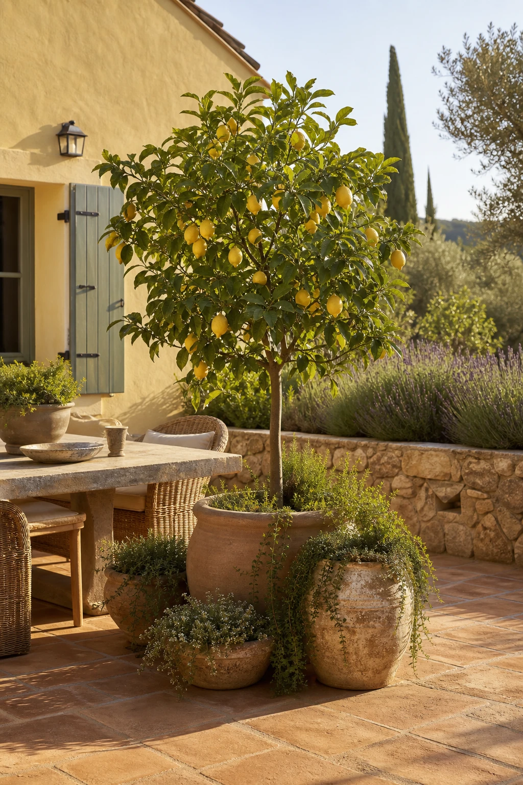 Sun drenched Greek style garden patio with a potted lemon tree as the hero, terracotta tiles, whitewashed wall in Hound Lemon paint, and woven chairs