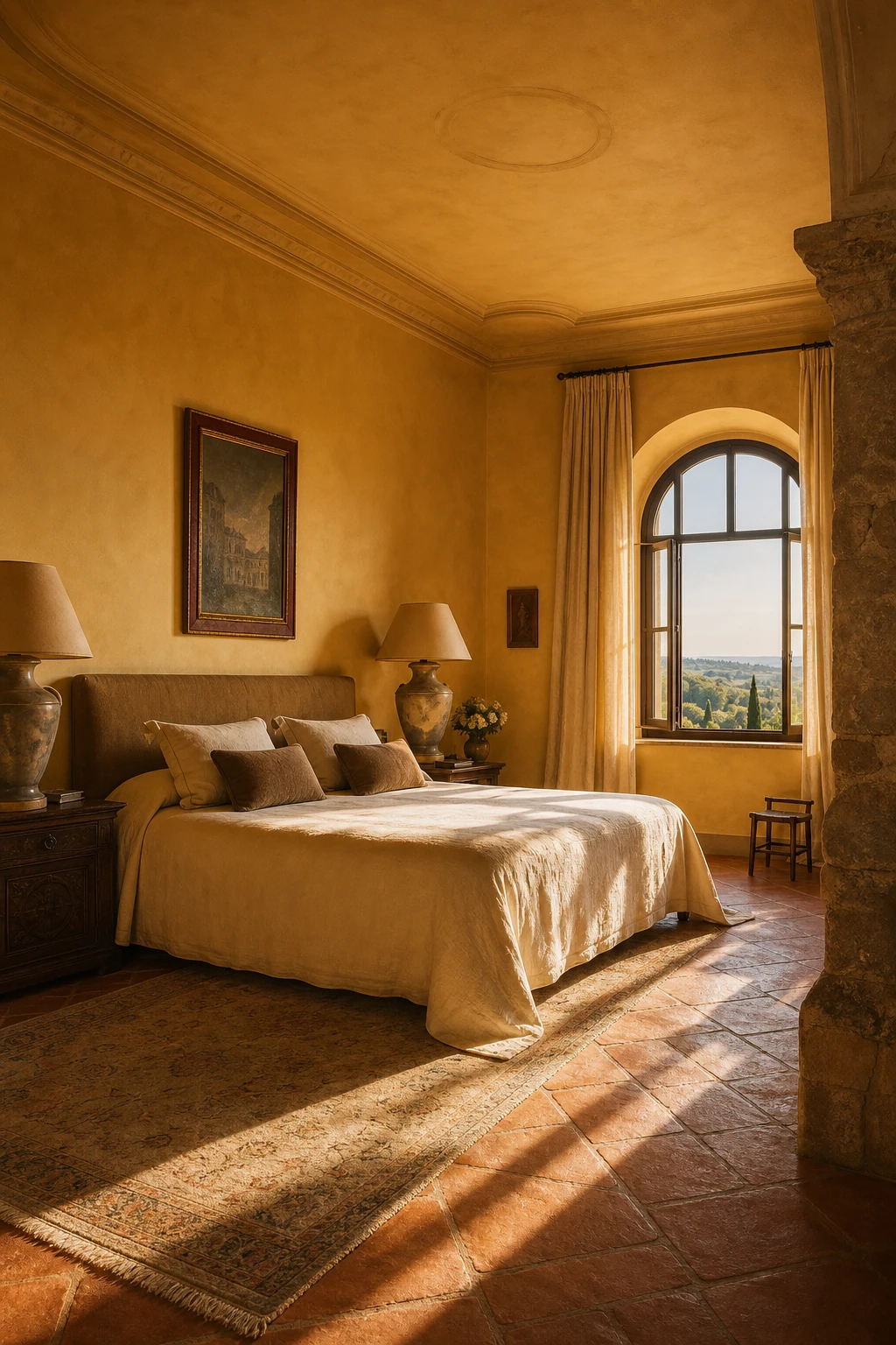 Sun soaked Italian Art Deco bedroom with Tuscan villa warmth, stone textures, terracotta floor, arched window and Farrow Ball Sudbury Yellow walls