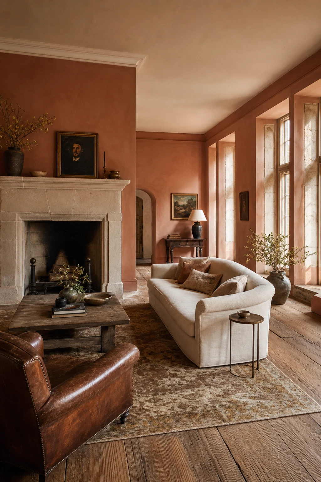 Sun warmed English sitting room with terracotta walls in Farrow and Ball Faded Terracotta paint, natural stone fireplace, cream linen sofa and aged oak floor
