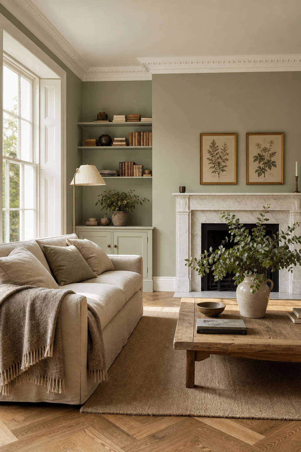 Sunny English front room painted in Farrow & Ball Mizzle sage green with linen sofa, oak floor, sash windows and botanical prints