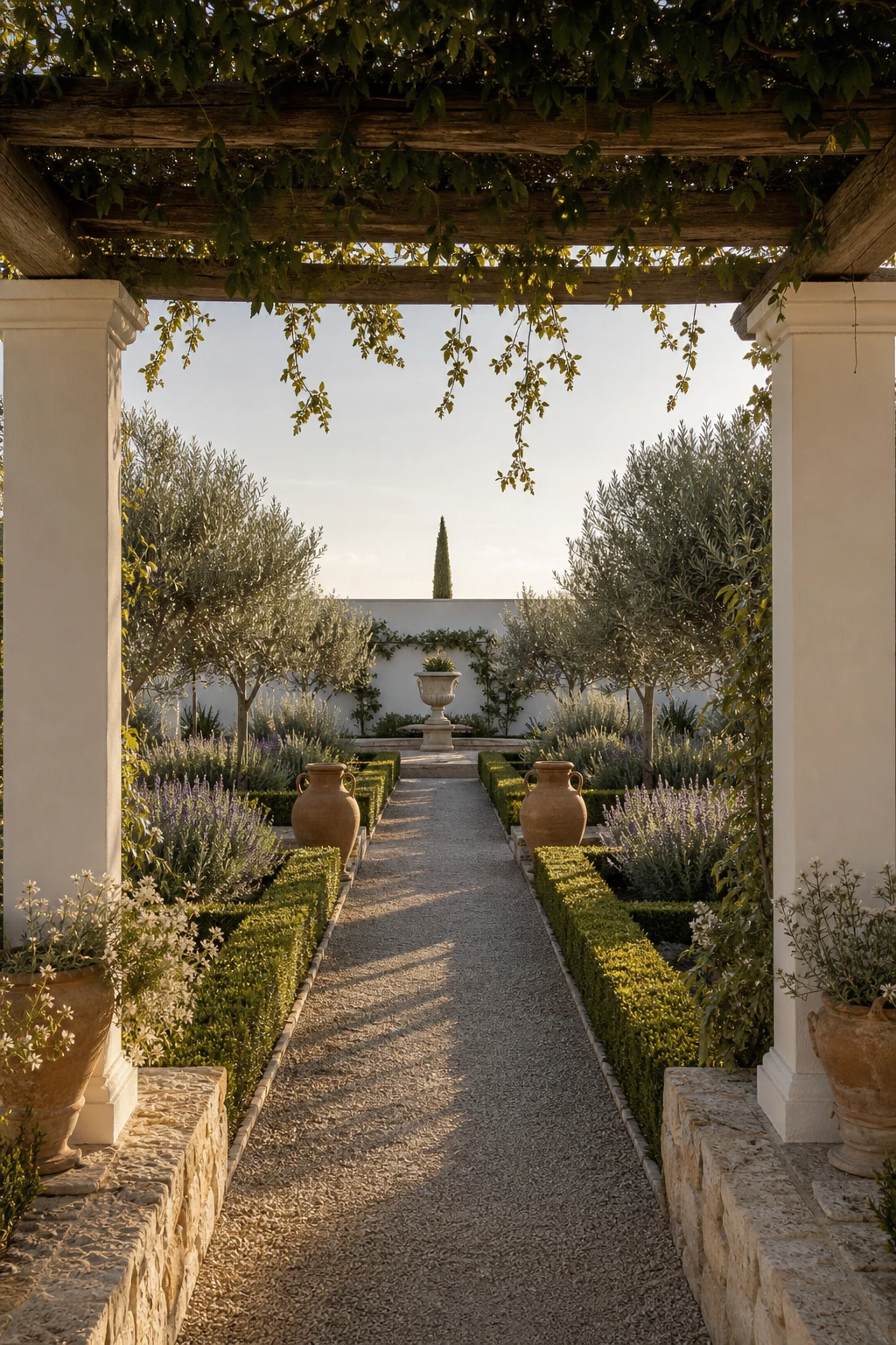 Symmetrical Greek style garden with a central axis path, clipped hedges, stone urns and a whitewashed pergola in warm afternoon light
