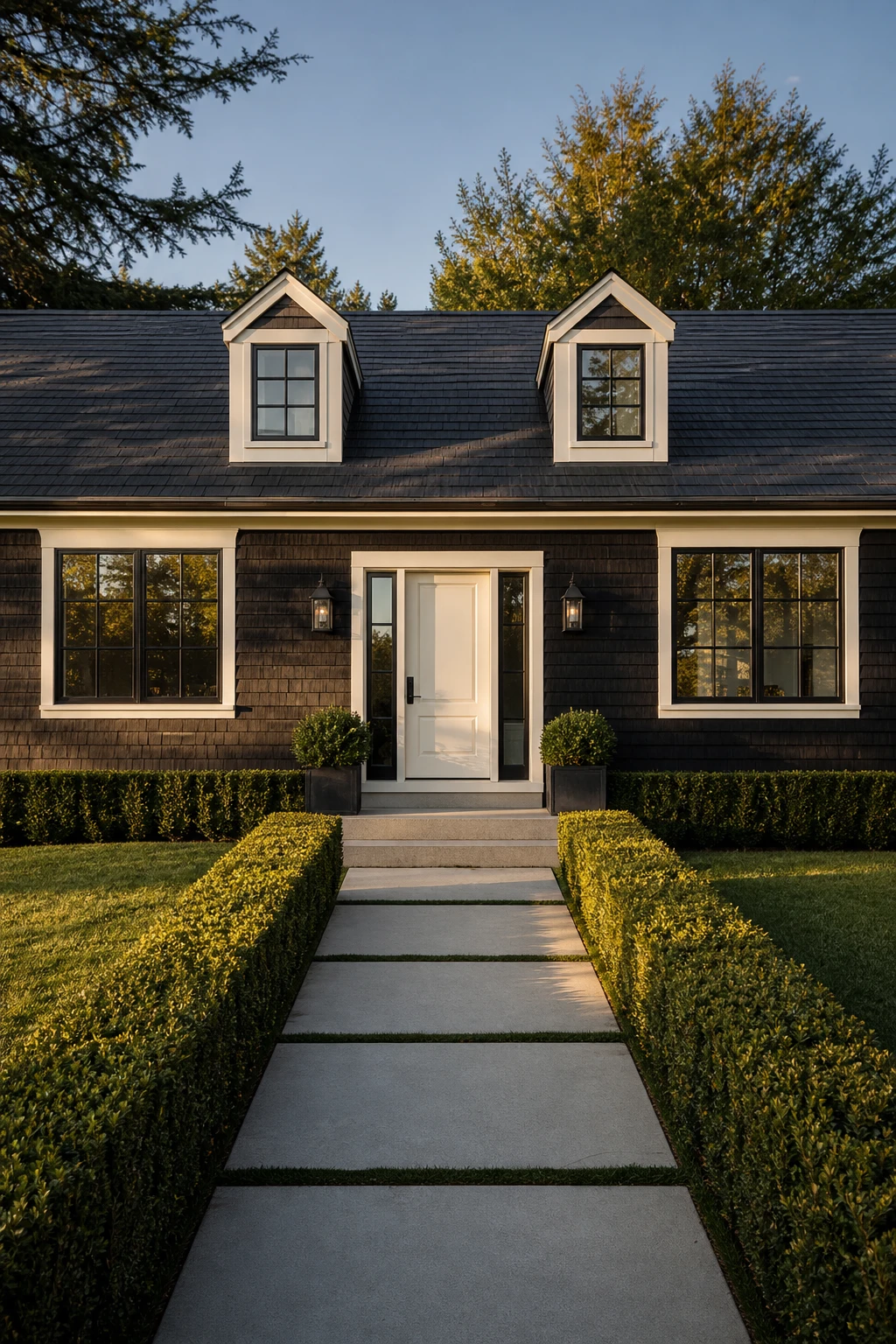 Symmetrical modern ranch exterior with Cape Cod dormer details and cedar shingles in black and white, warm afternoon light, minimal ornamentation