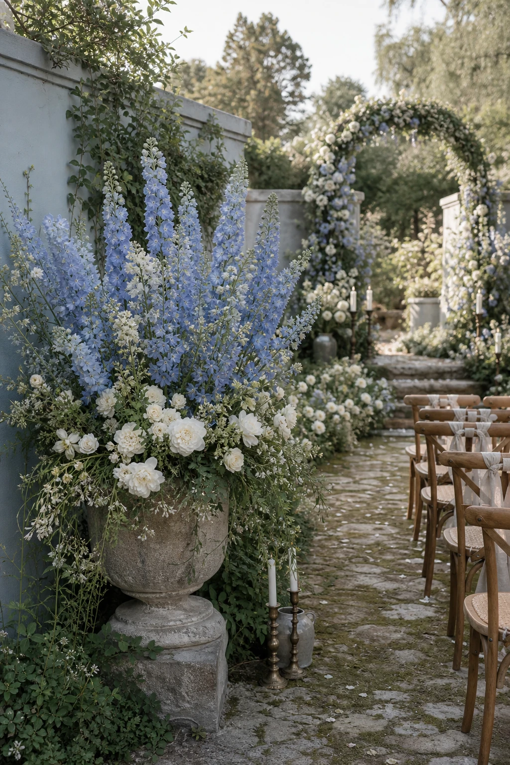 Tall dusty blue delphiniums as hero blooms in an English country garden wedding arrangement with Farrow and Ball Pale Powder painted garden wall backdrop