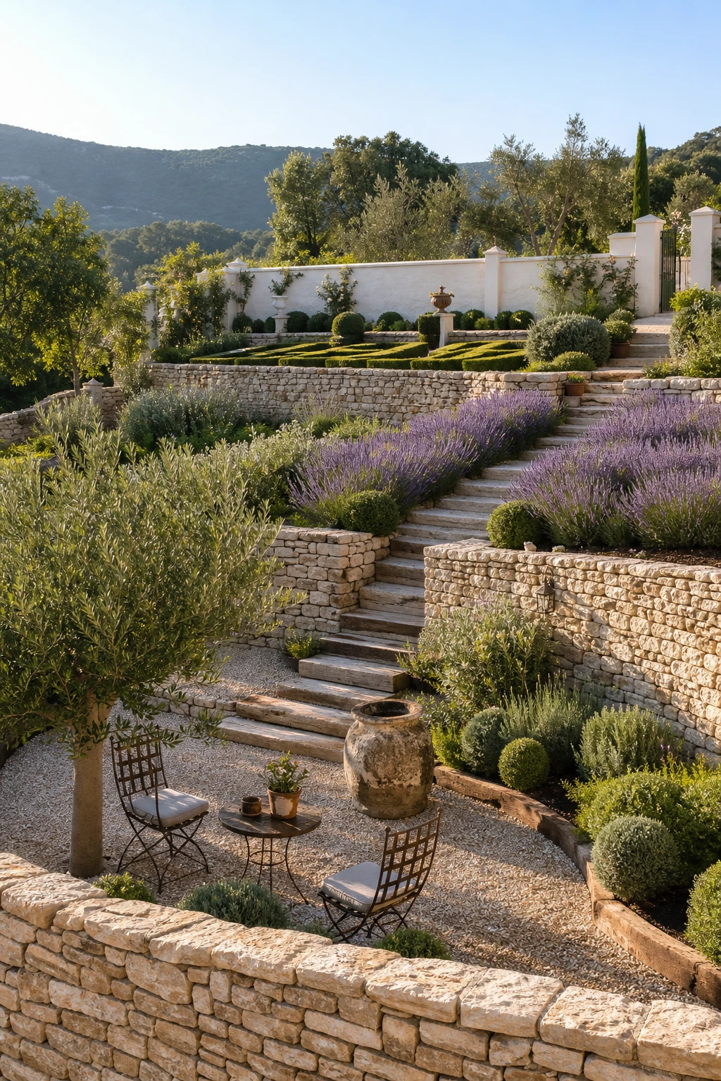 Terraced Provence garden landscape with dry stone retaining walls stepping down a sunny slope, lavender borders, clipped topiary and a gravel path in French style