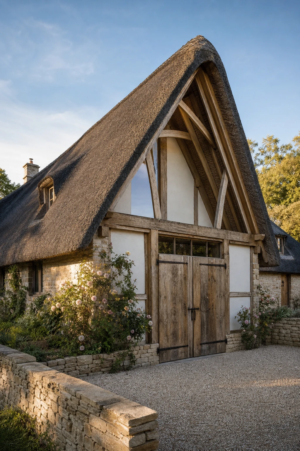 Thatched English cottage barn conversion exterior with deep straw roof, warm stone walls painted Drop Cloth, oak frame gable, and wide timber doors in soft afternoon light