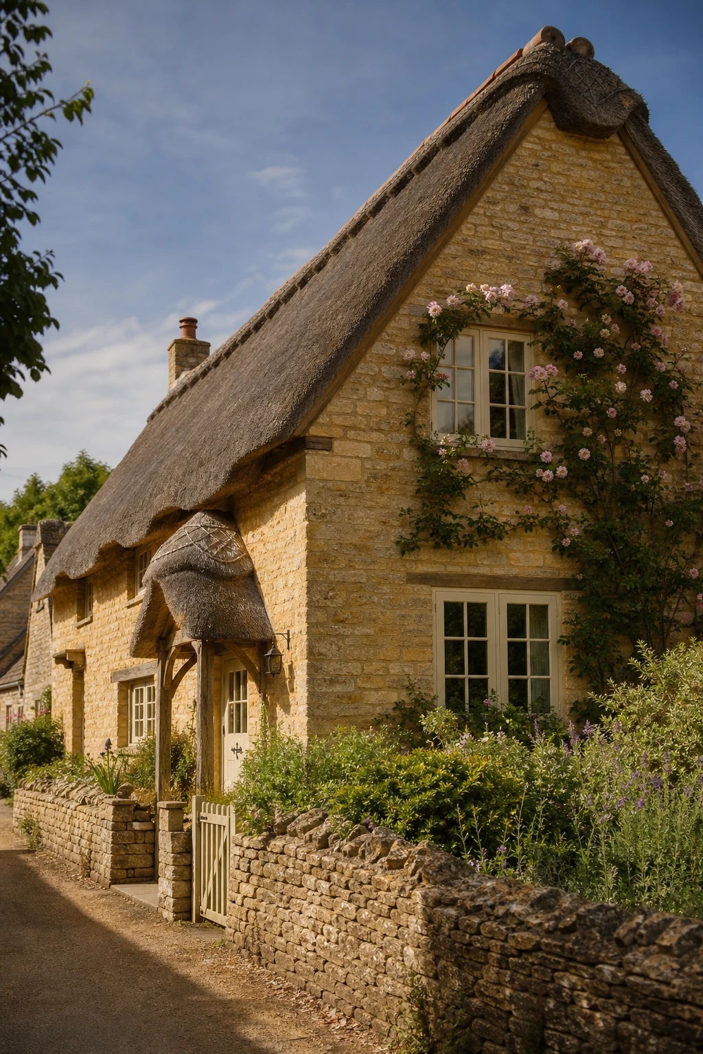 Thatched English cottage exterior clad in Cotswolds honey stone with Farrow and Ball Buff painted timber casement windows and a weathered oak front door