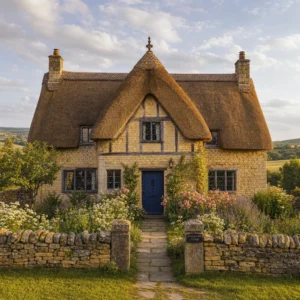 Thatched English cottage exterior in honey Cotswolds limestone with half timber gable, sculpted ridge ornament, blue front door, cottage garden flowers, and warm late afternoon light across the wheat thatch roof.
