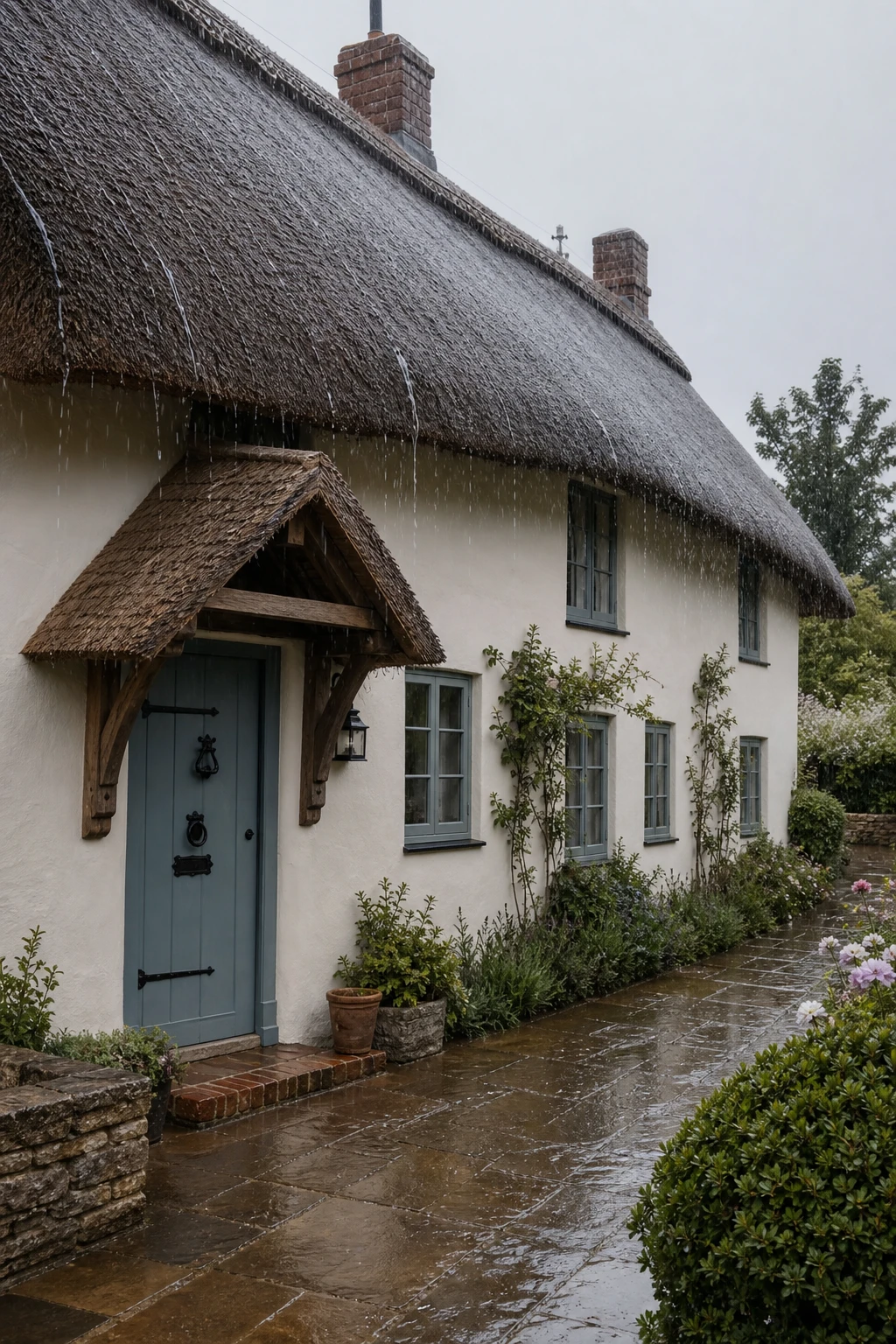 Thatched English cottage exterior in heavy rain showing deep overhangs shedding water cleanly, with Farrow and Ball Barrow Blue painted front door and dripping eaves