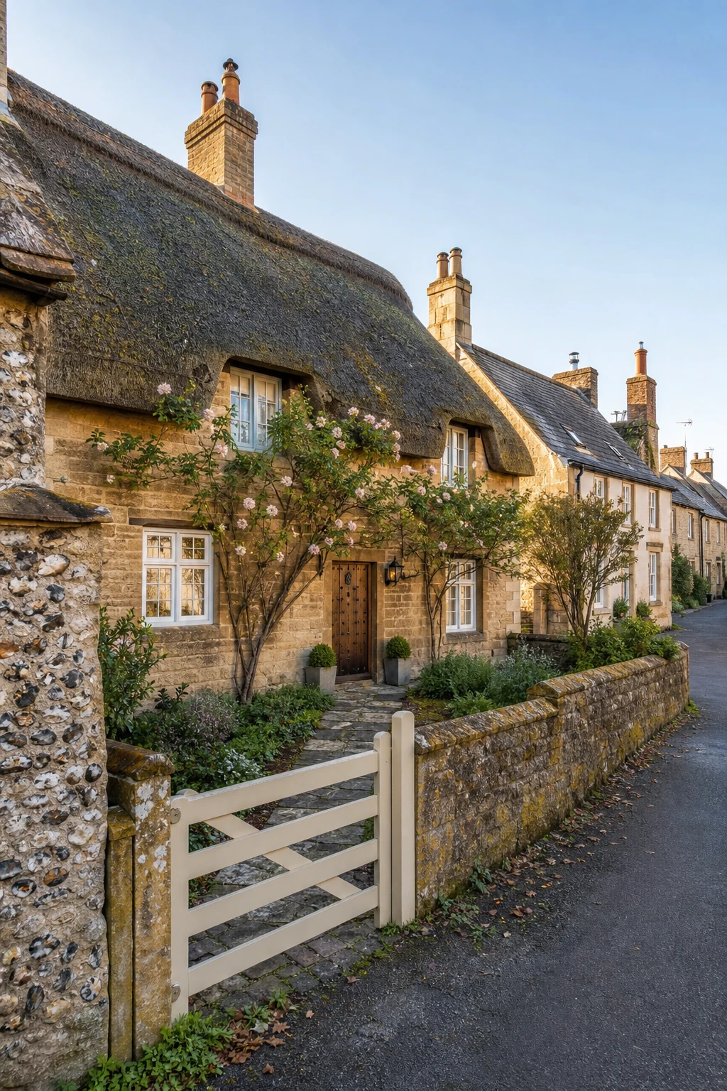 Thatched English cottage exterior on a village street with warm stone walls, Skimming Stone painted gate and low boundary wall blending into the neighbourhood streetscape