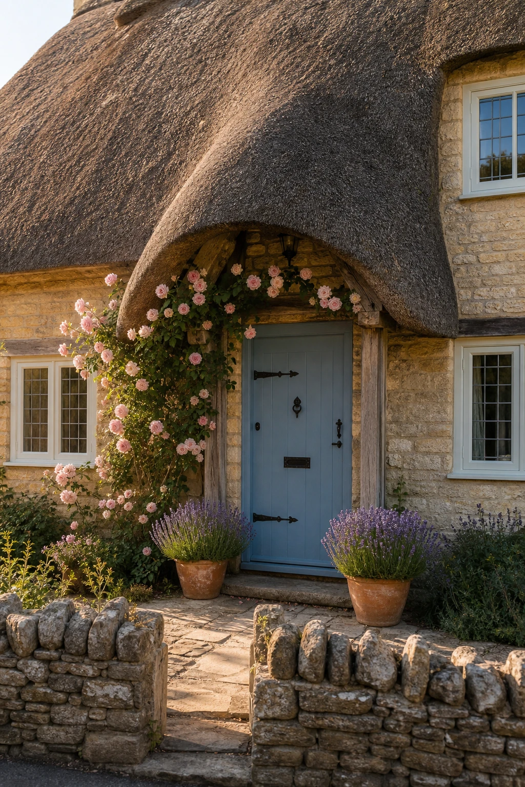 Thatched English cottage exterior with a bold blue front door set into warm Cotswold stone walls beneath a deep straw roof ridge