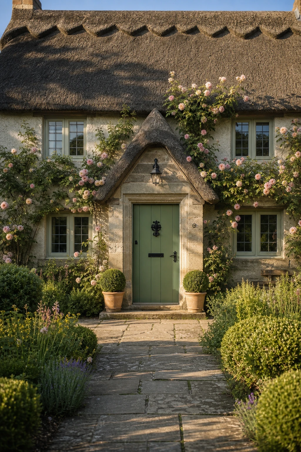 Thatched English cottage exterior with a bold Calke Green front door as the focal point, framed by climbing roses and stone mullion windows in warm afternoon light.