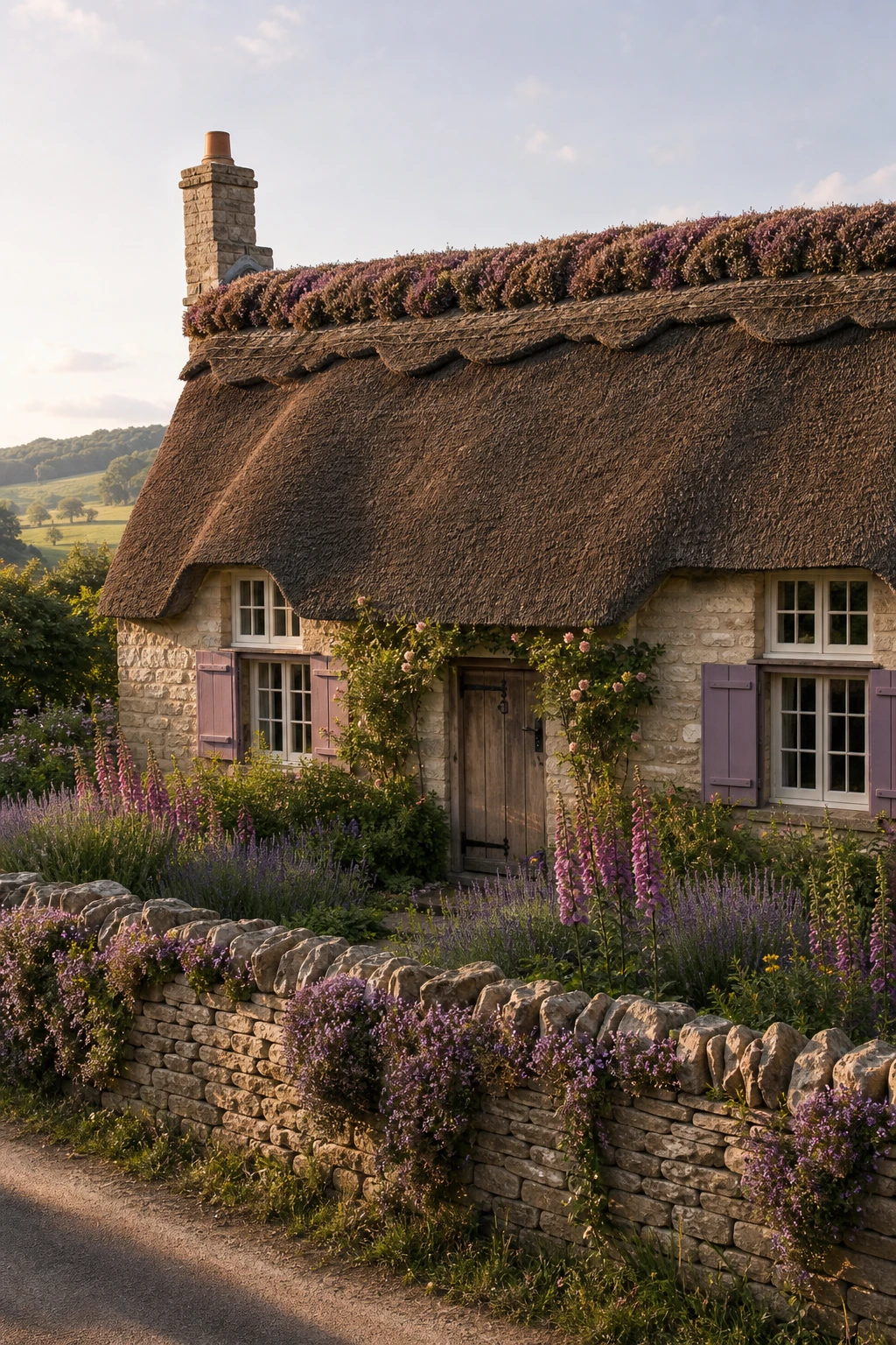 Thatched English cottage exterior with a heather thatch ridge showing purple tones, Farrow and Ball Calluna painted shutters, stone walls, and cottage garden planting in soft afternoon light.