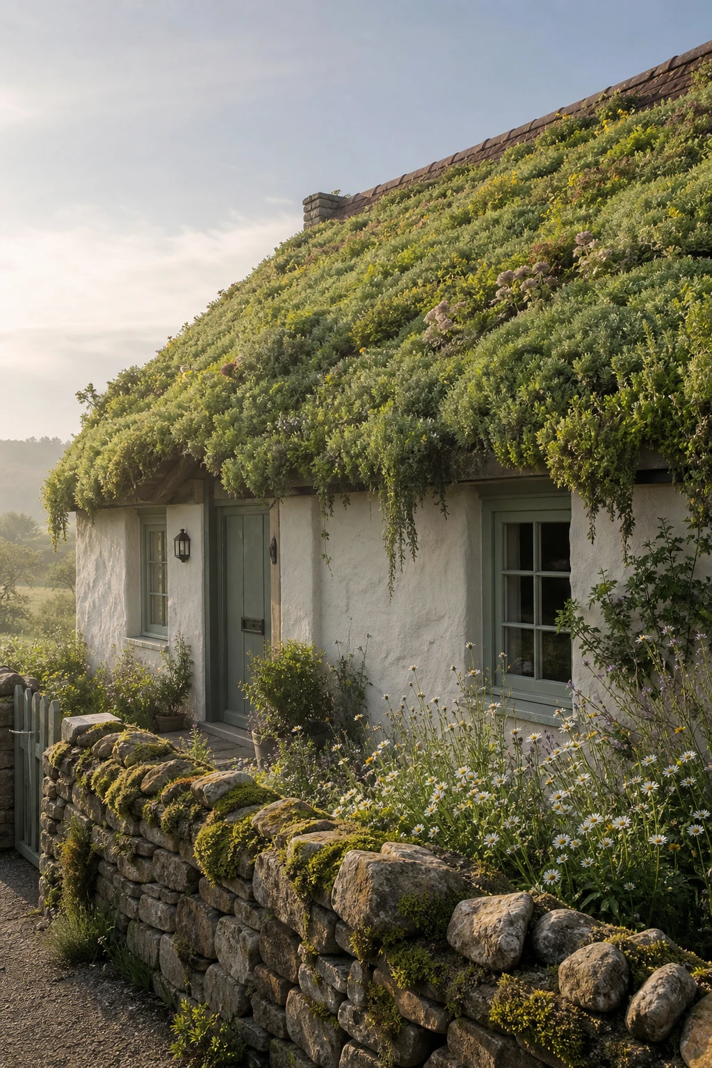 Thatched English cottage exterior with a lush green sedum living roof cascading over the eaves, nestled into a wildflower meadow under soft morning light