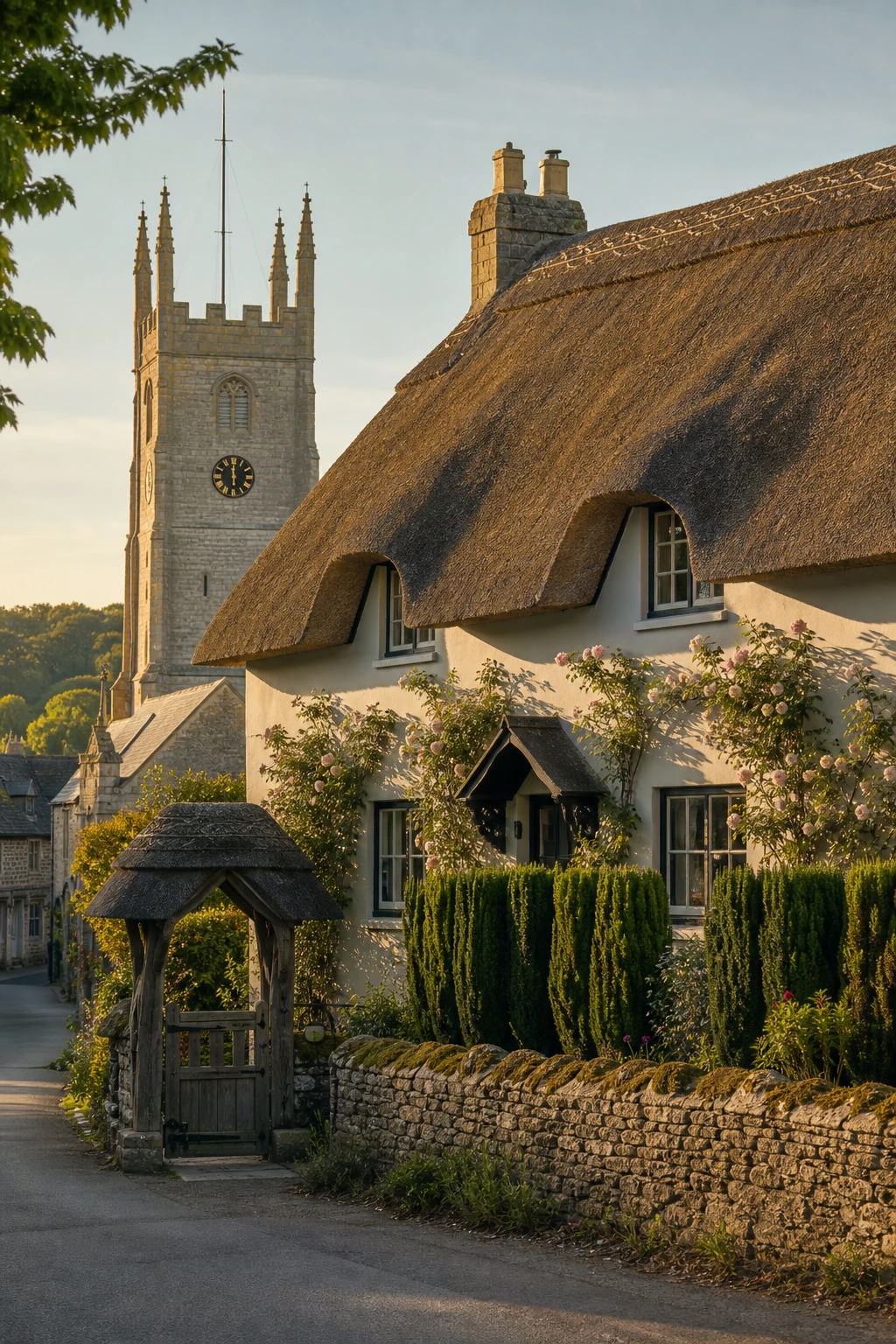 Thatched English cottage exterior with a village skyline backdrop, a church tower rising beyond the ridge, warm stone walls in Farrow & Ball Elephants Breath paint