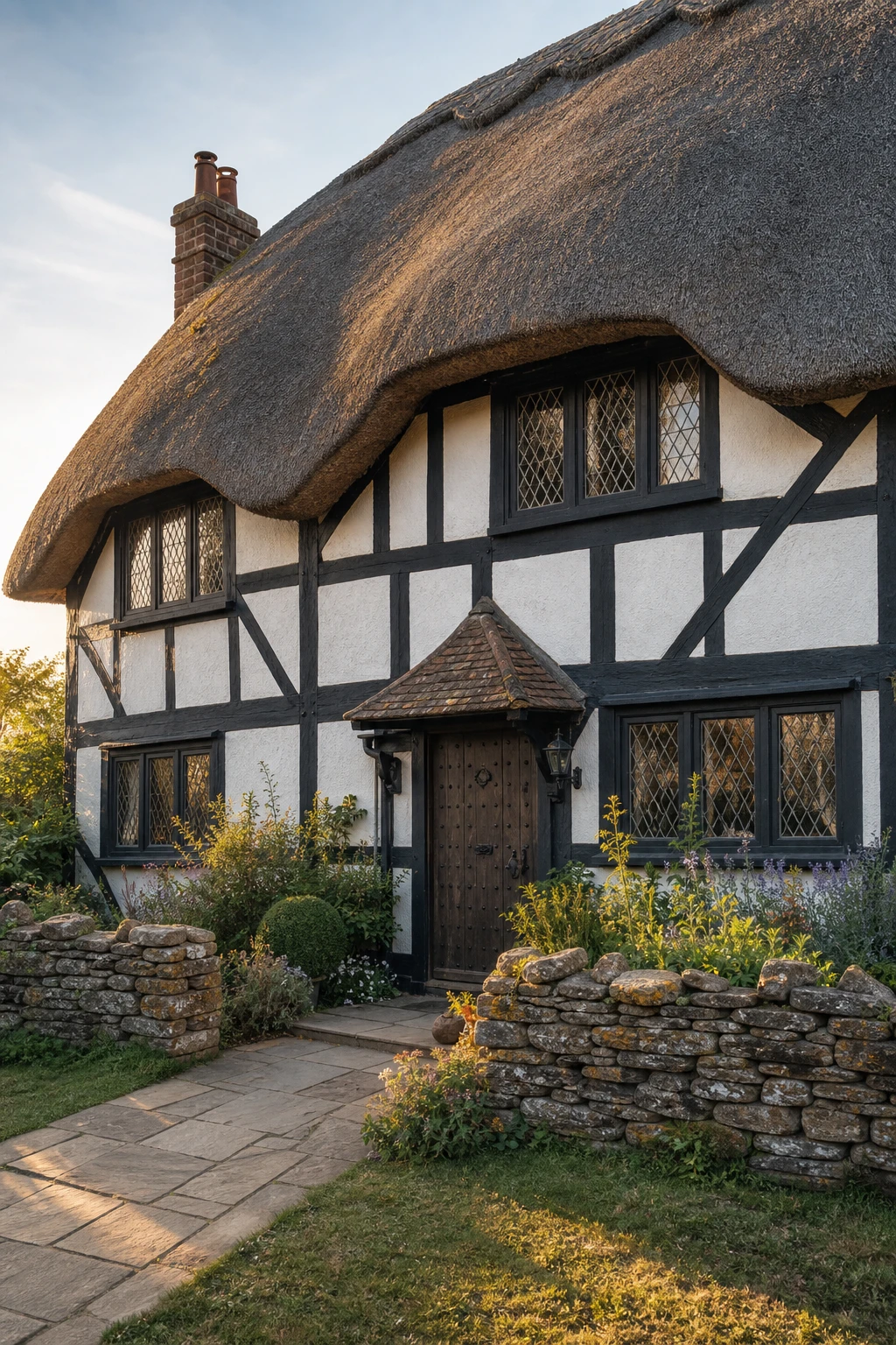 Thatched English cottage exterior with bold half timber framing painted Off Black against pale render, captured in warm morning light from the front garden path