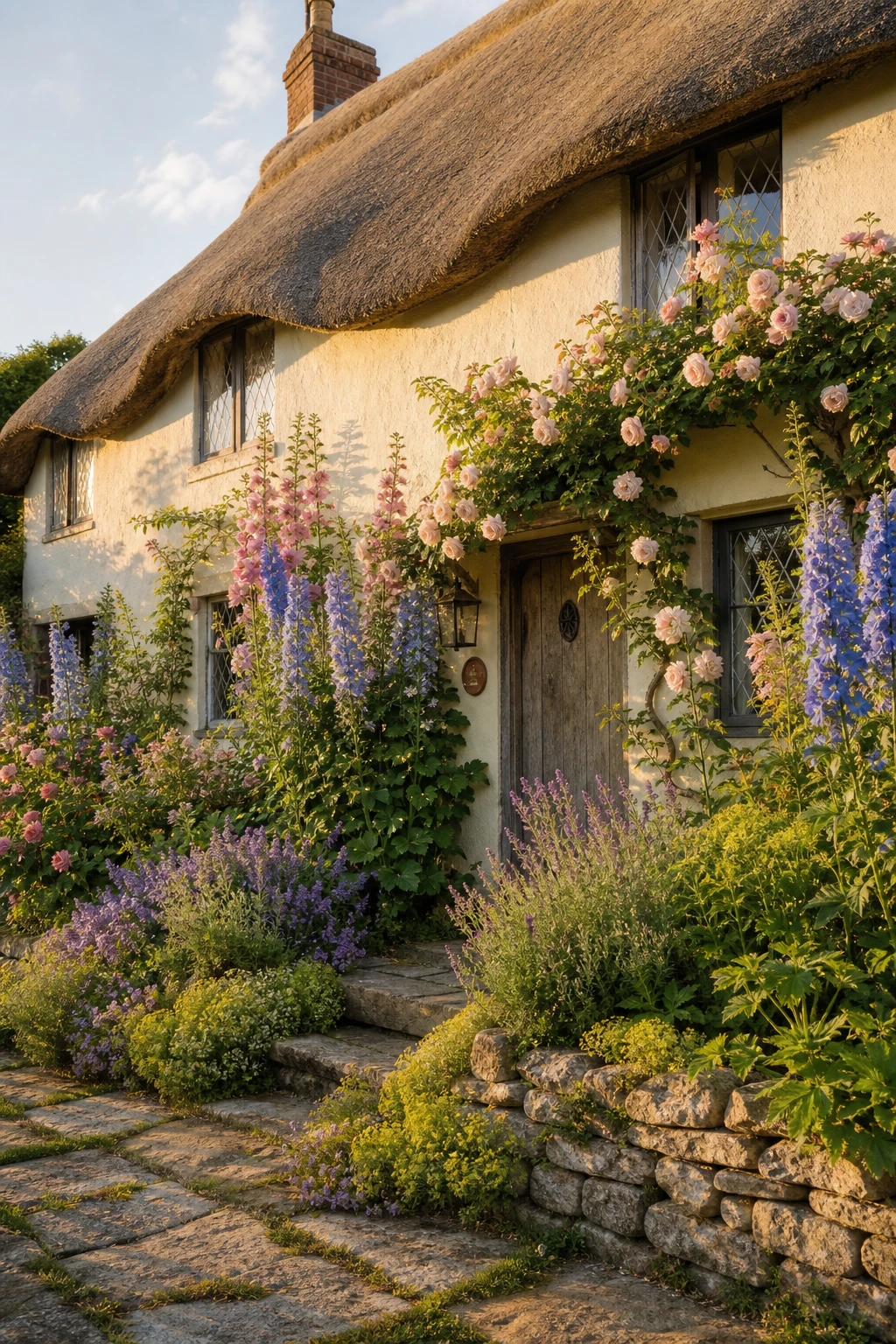 Thatched English cottage exterior with cottage flowers in layered bloom heights softening the facade, warm afternoon light, Dorset Cream painted render