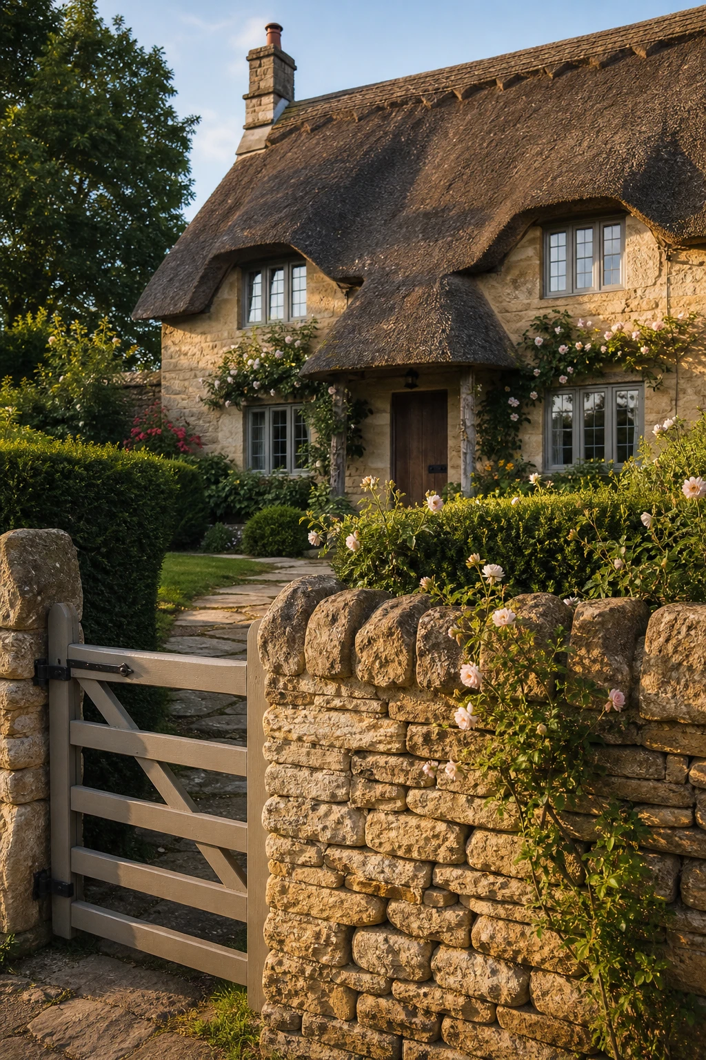 Thatched English cottage exterior with dry stone wall boundary in foreground, Farrow and Ball London Stone painted gate and trim, soft afternoon light on honey limestone