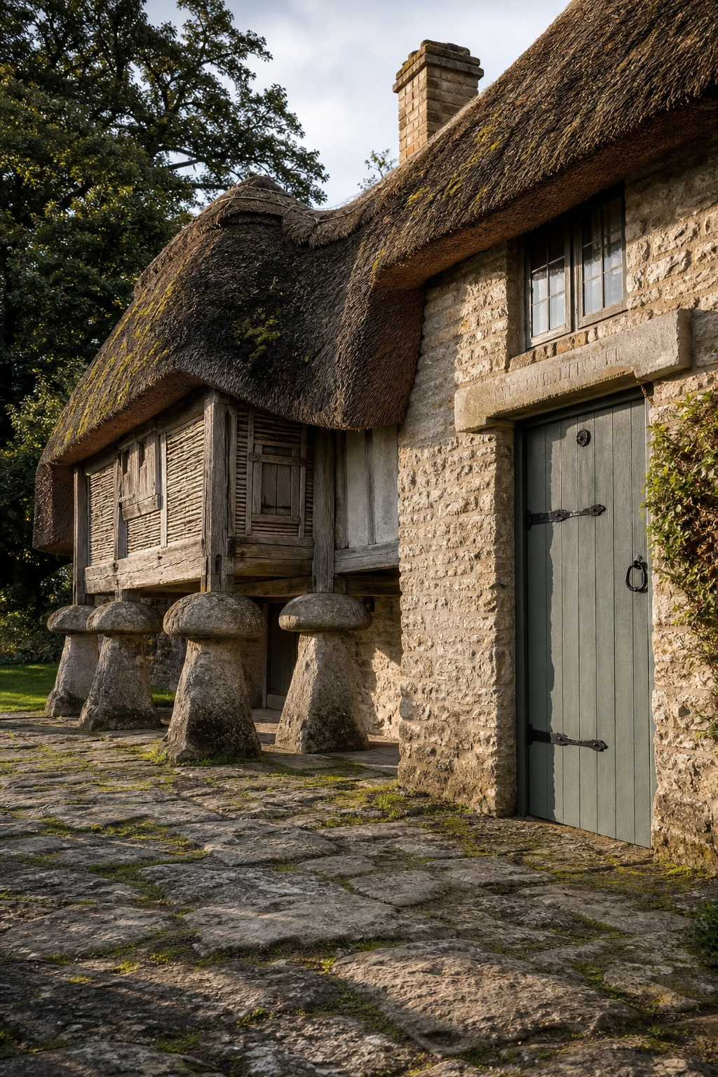 Thatched English cottage exterior with granary details as hero, warm stone walls, timber staddle stones, Farrow and Ball Cord painted barn door, afternoon light