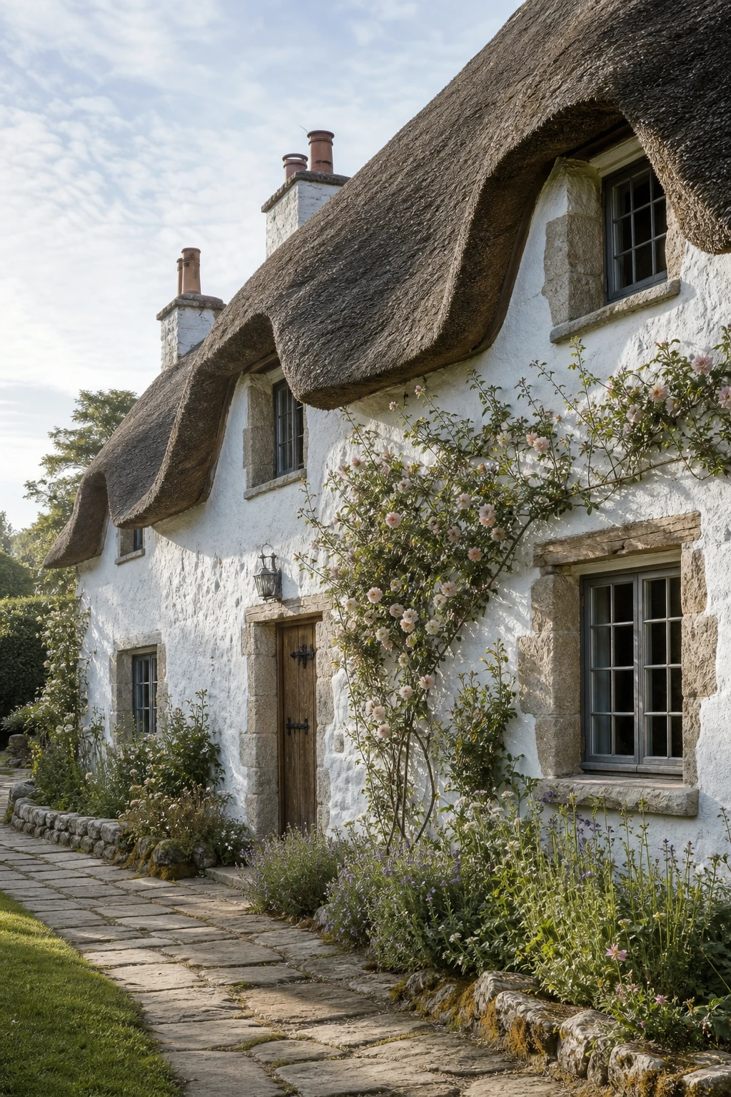 Thatched English cottage exterior with Irish whitewash walls painted Farrow & Ball All White, deep set timber casement windows, worn stone path and climbing roses