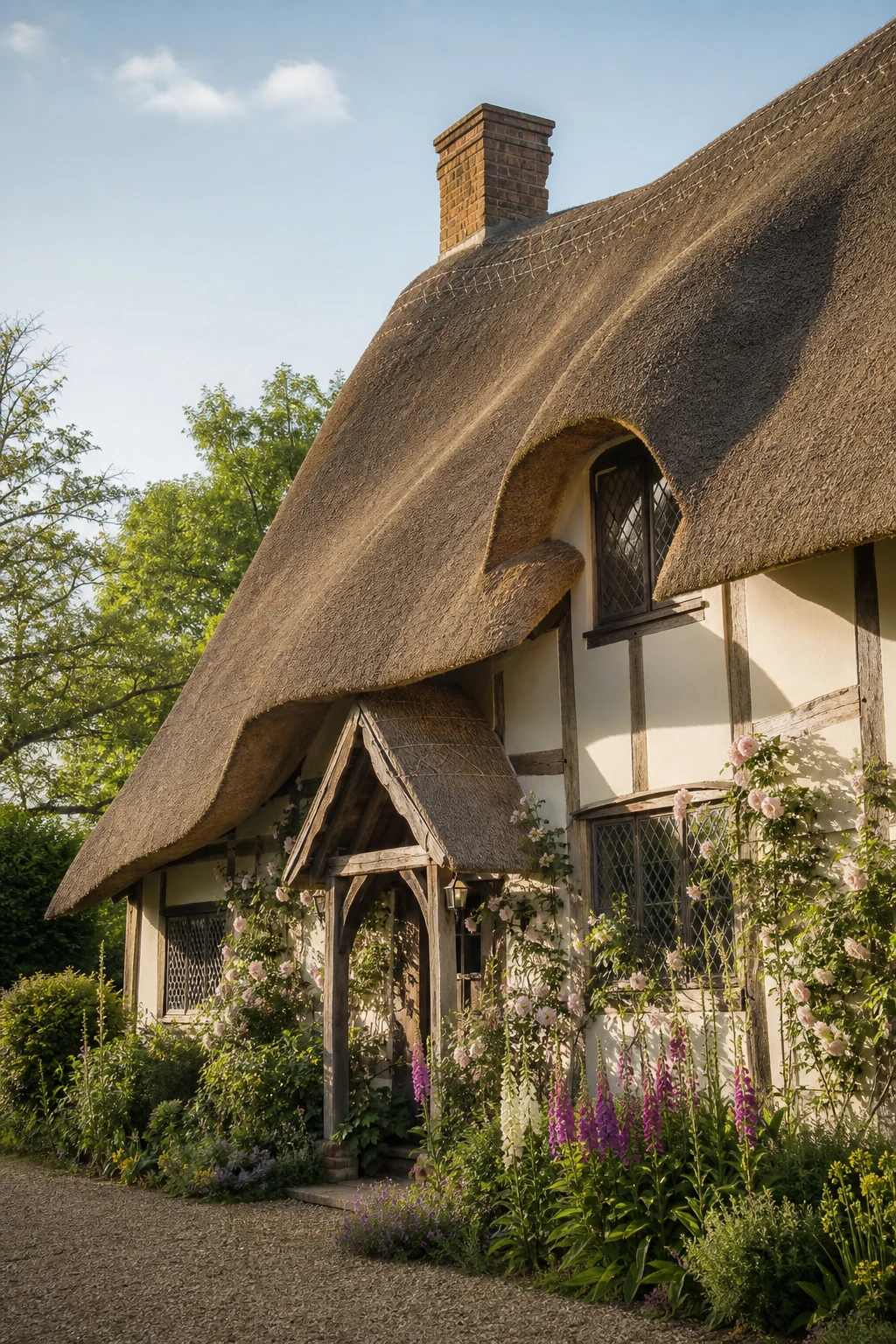 Thatched English cottage exterior with medieval silhouette roofline, warm white Clunch painted render walls, deep eaves, and cottage garden in soft morning light
