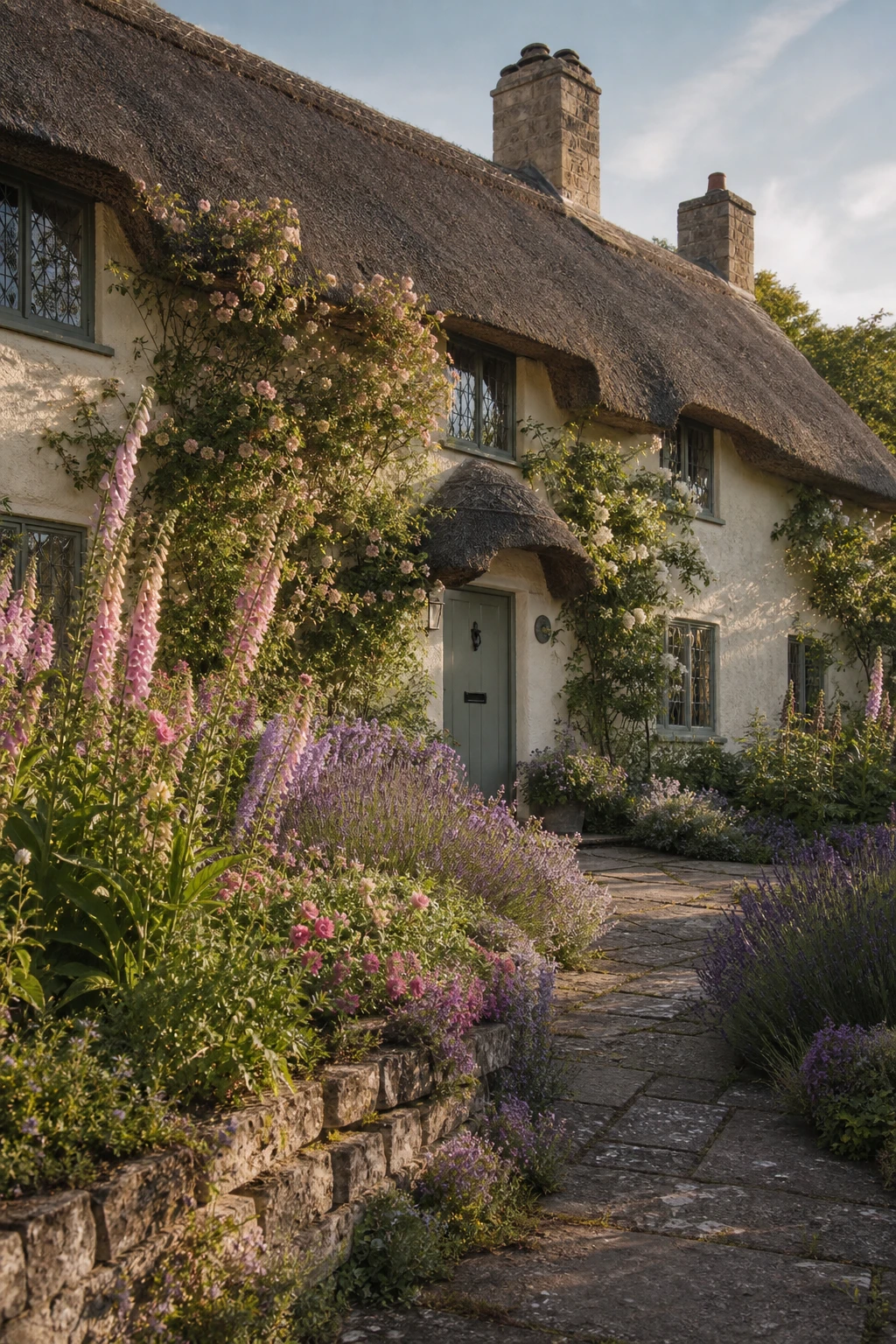 Thatched English cottage exterior with overflowing cottage garden beds of roses, foxgloves and lavender framing a stone path to a sage green painted front door