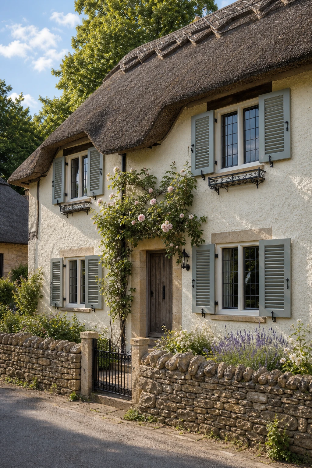 Thatched English cottage exterior with painted shutters in Farrow & Ball French Gray framing leaded windows beneath a deep overhanging thatch roof