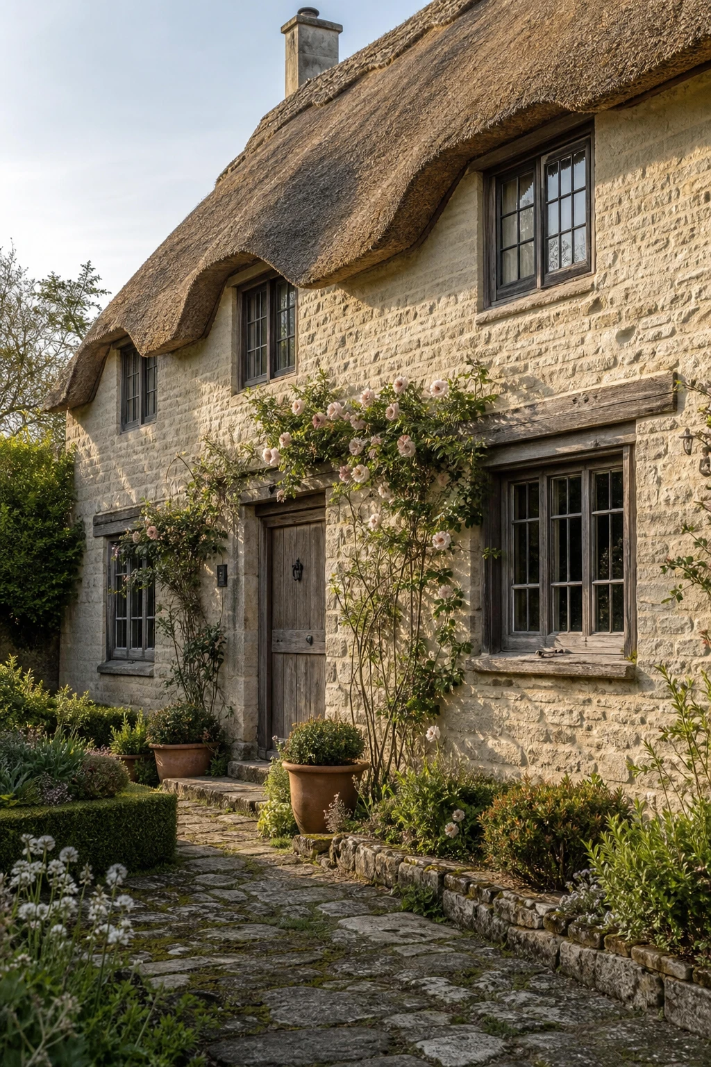 Thatched English cottage exterior with rugged stone walls painted Oxford Stone, climbing roses, small timber casement windows, and a deep golden thatch roof under soft morning light.