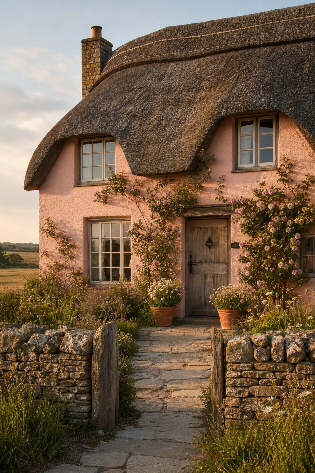 Thatched English cottage exterior with soft pink render walls, deep thatch roof, climbing roses, timber casement windows and a worn stone path in open countryside