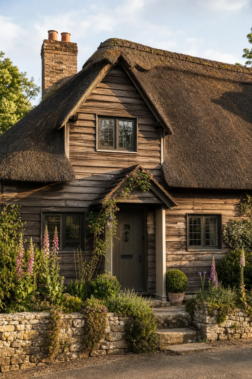 Thatched English cottage exterior with timber cladding as the hero feature, warm brown Farrow & Ball Wainscot paint, deep thatch roof, and cottage garden planting