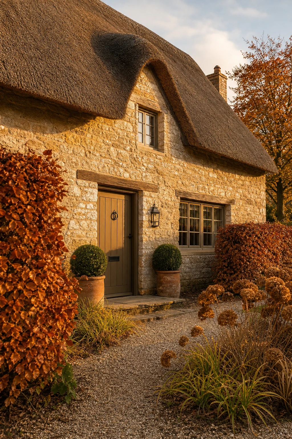 Thatched English cottage exterior with warm autumn stone walls, golden planting and Farrow & Ball Savage Ground painted timber door in soft afternoon light