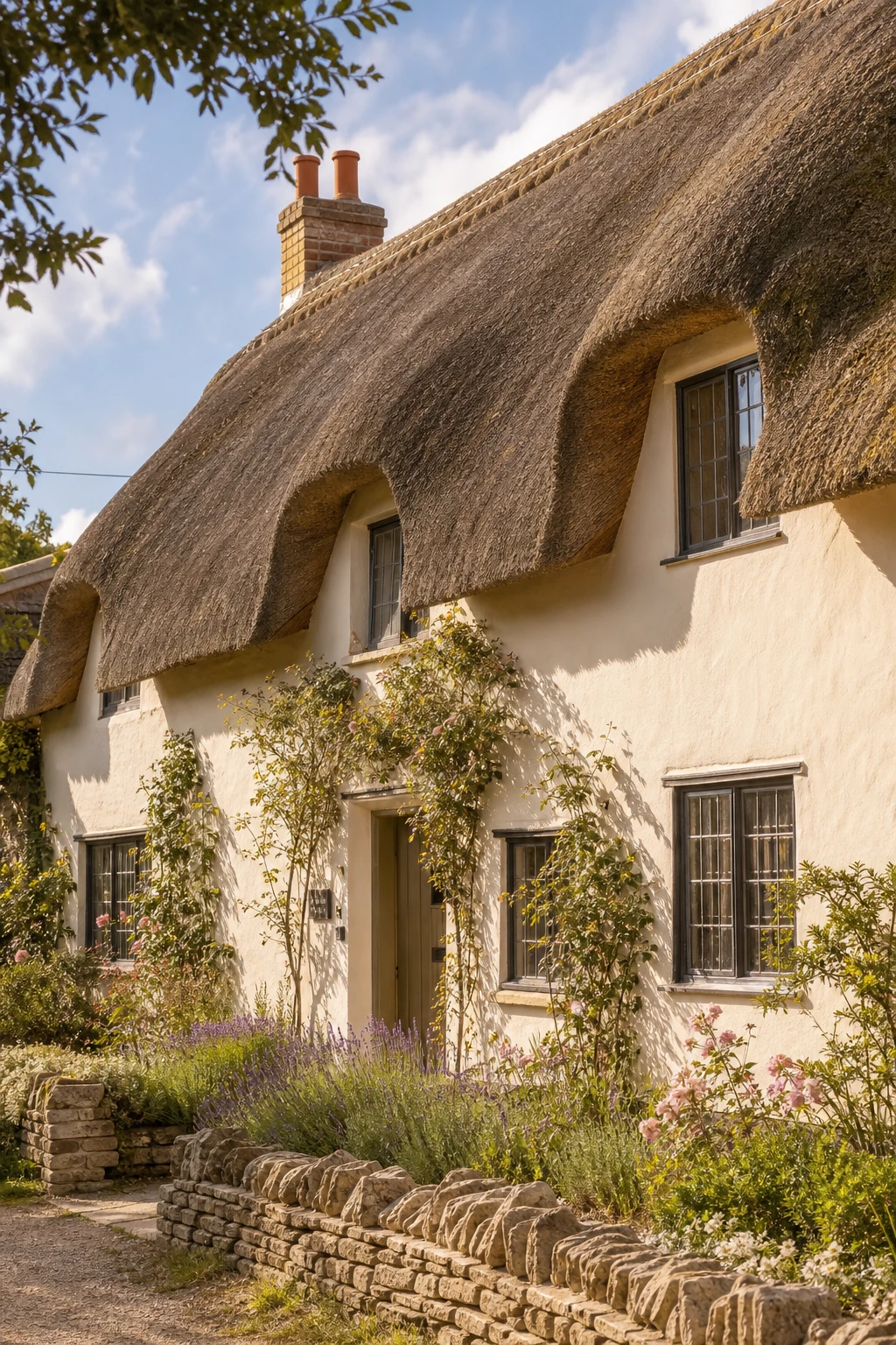 Thatched English cottage exterior with white render walls painted in Farrow and Ball Pointing, glowing warmly in soft afternoon side light