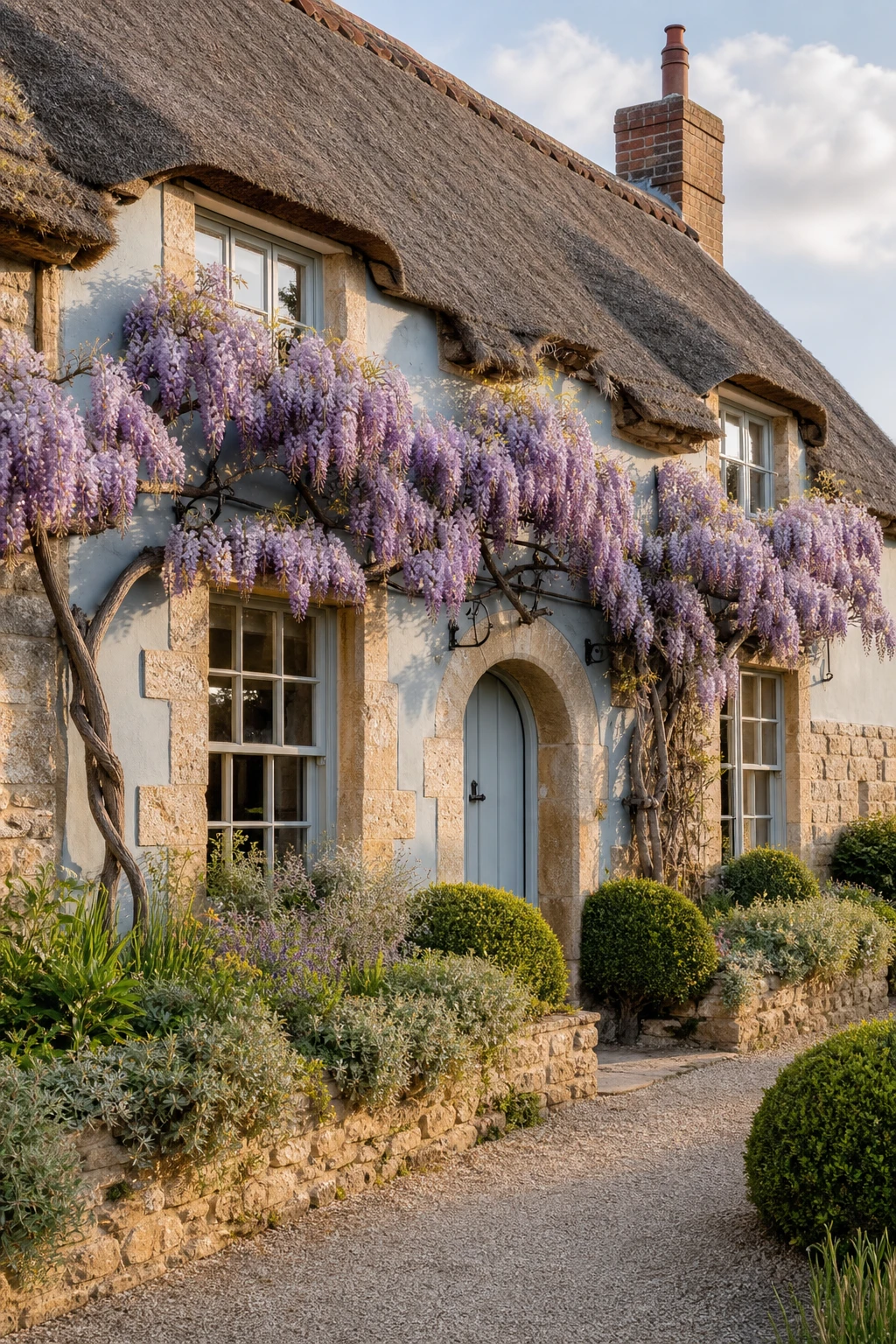 Thatched English cottage exterior with wisteria drape cascading over a stone facade painted Pale Powder, framing timber windows in soft afternoon light