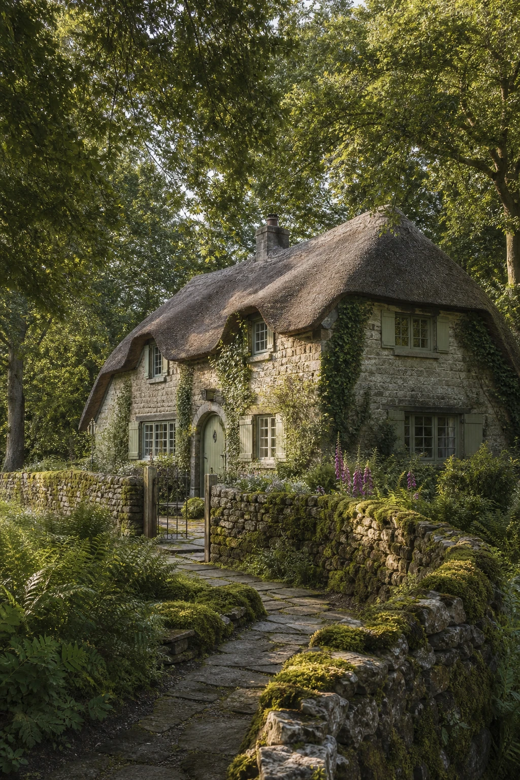 Thatched English cottage nestled in dense woodland with sage green shutters, mossy stone walls, and dappled forest light filtering through oak canopies