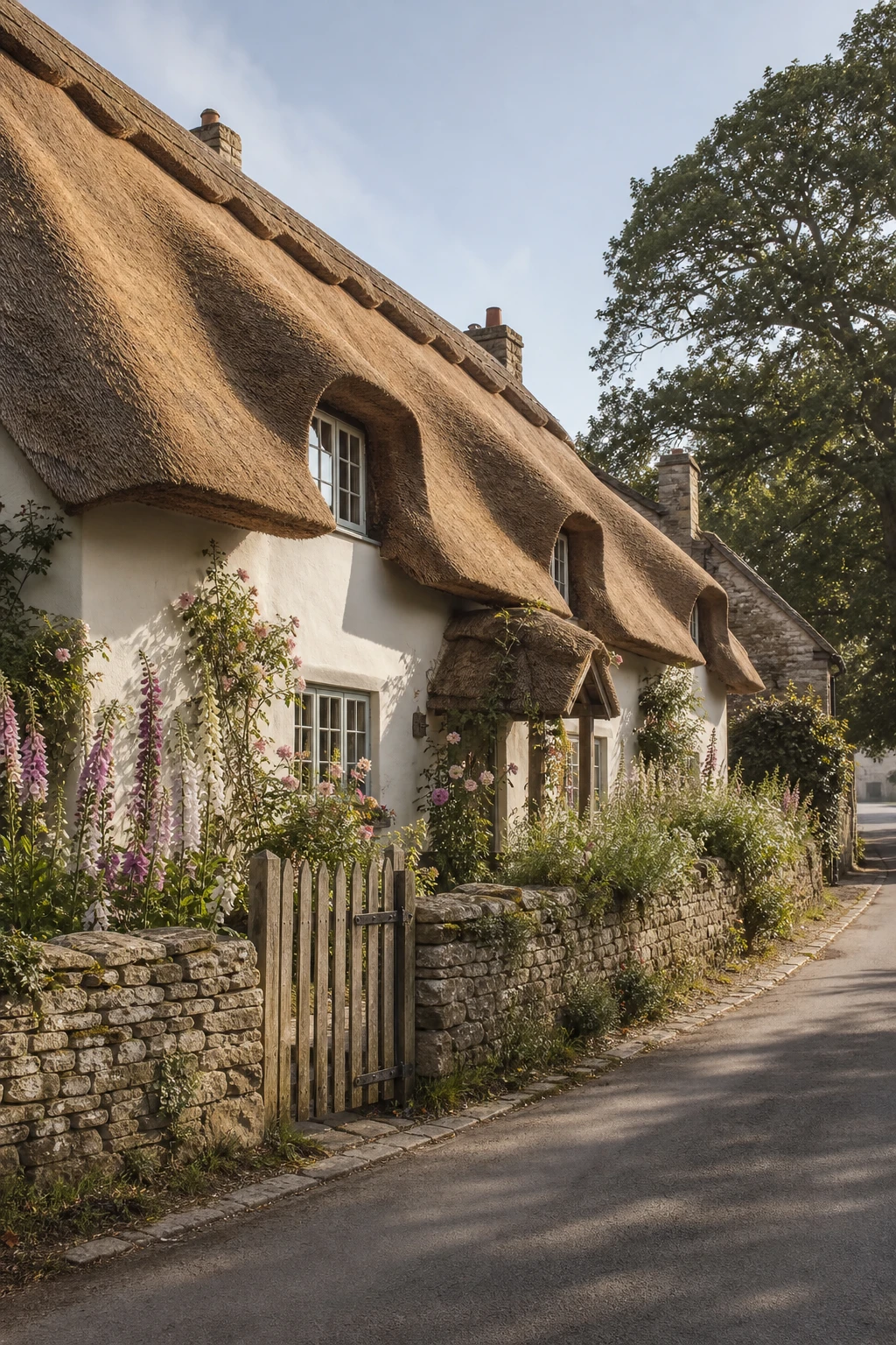 Thatched English cottage on a quiet village street with Farrow and Ball Dimity rendered walls, picket gate, climbing roses and a deep overhanging thatch roofline