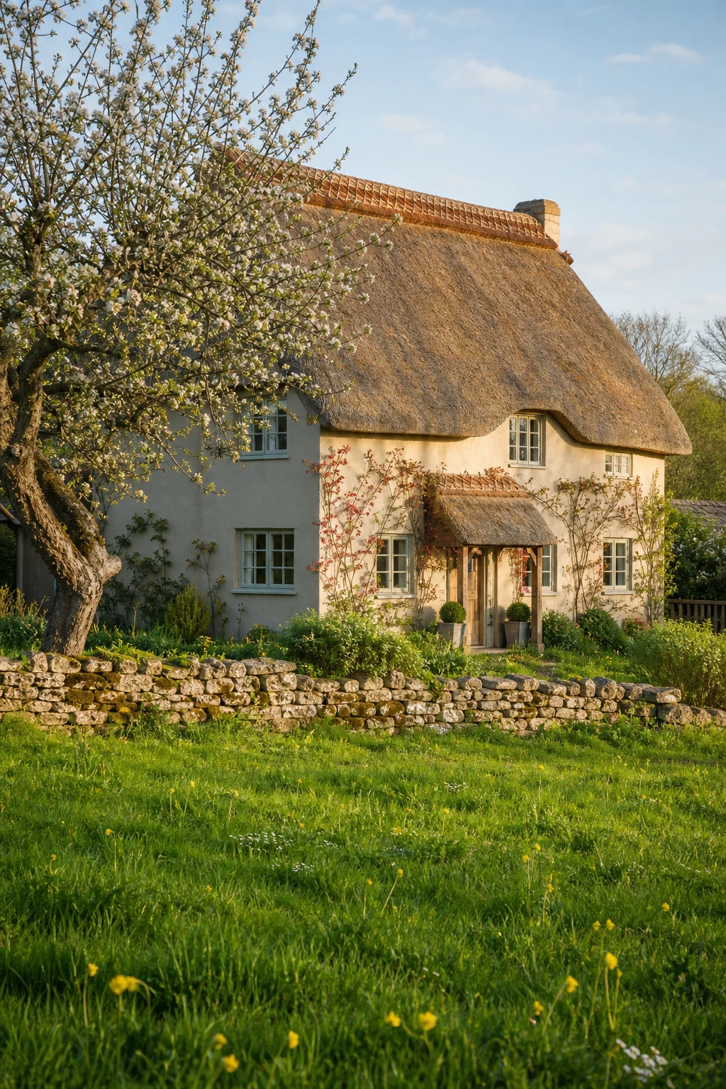 Thatched English cottage set against a vivid spring green field, warm render walls in Farrow and Ball String paint, with flowering hedgerow and blue sky