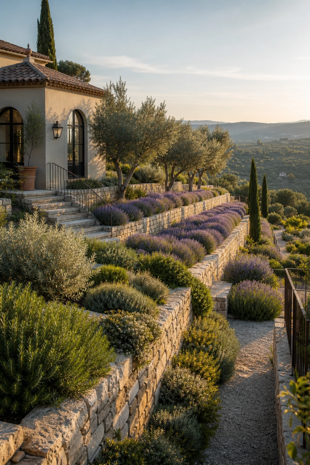Tiered hillside Provence garden landscape with layered French planting, stone retaining walls, lavender rows, and Farrow and Ball Mizzle painted garden pavilion