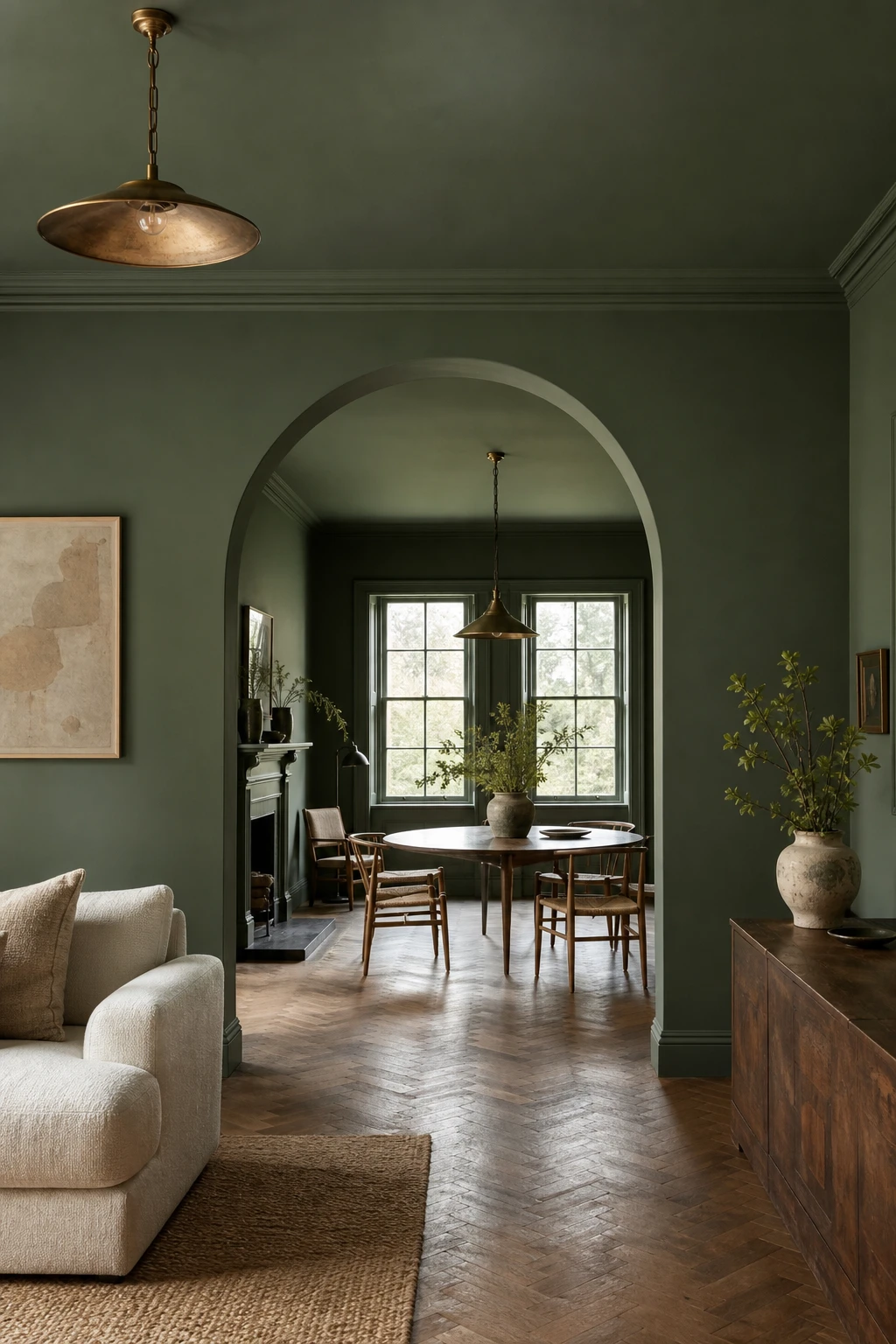 Two adjoining open plan rooms drenched floor to ceiling in Farrow & Ball Duck Green paint, showing how one English green paint color unifies a flowing interior space