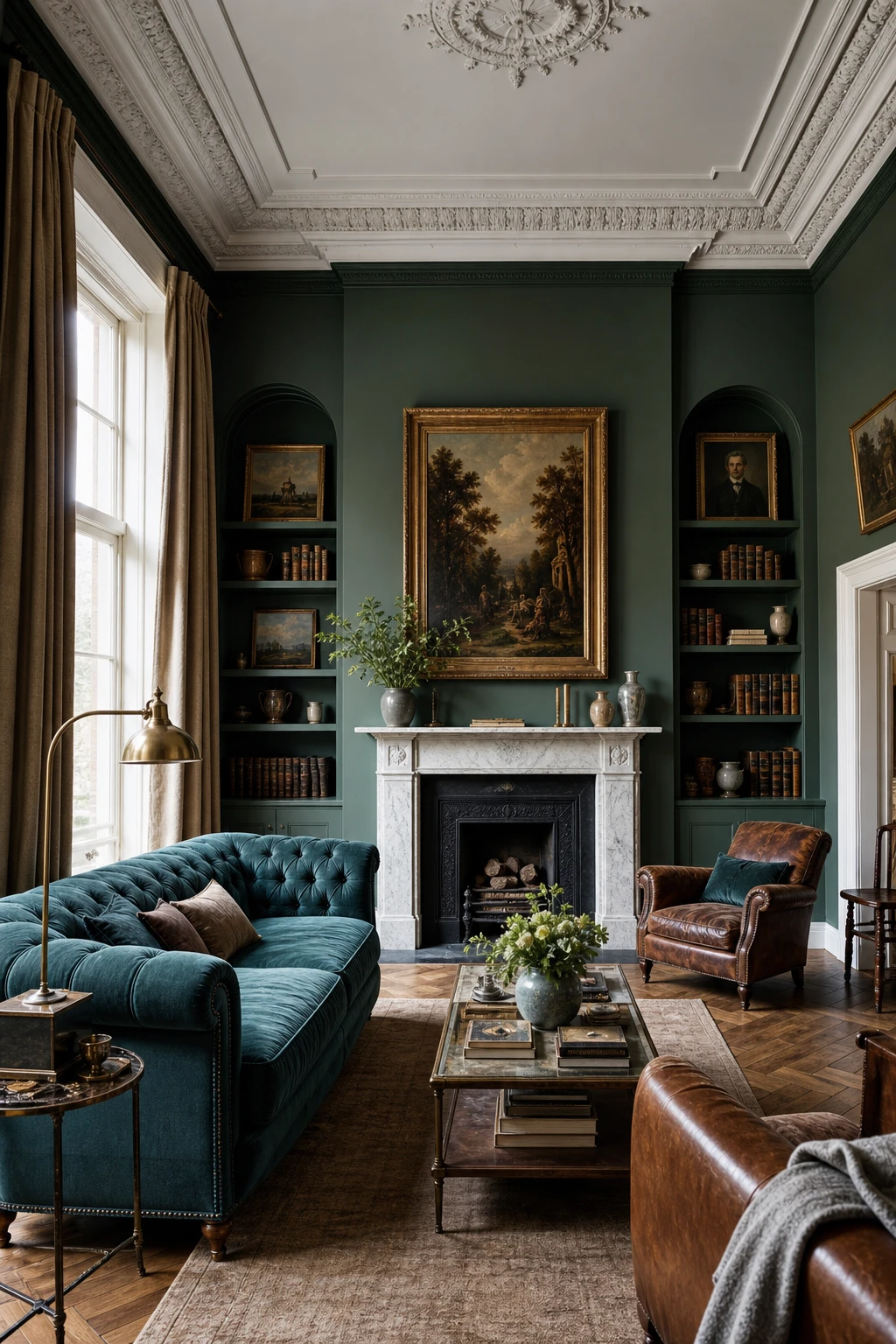 Victorian living room with dark Chine Green walls, high ceilings, ornate plasterwork cornice, tall sash windows, and a marble fireplace in an English green paint color scheme
