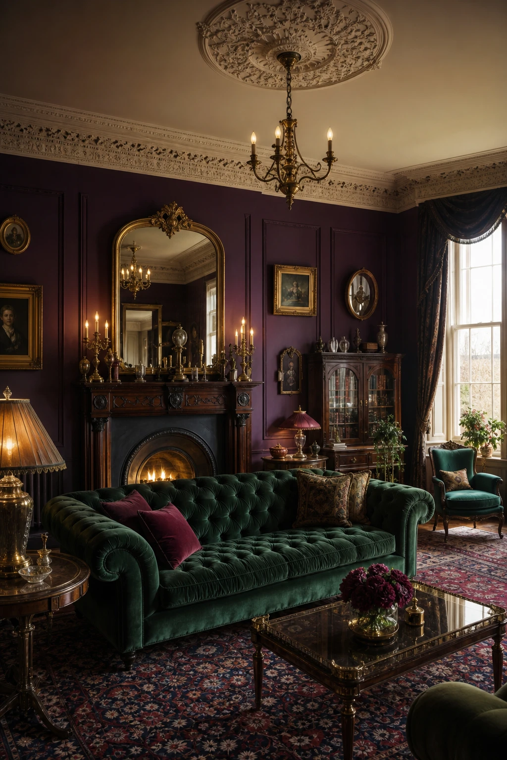 Victorian sitting room with deep jewel tone walls, gilded accents, tufted velvet seating, ornate plasterwork ceiling, and rich layered textiles in an Old English color palette