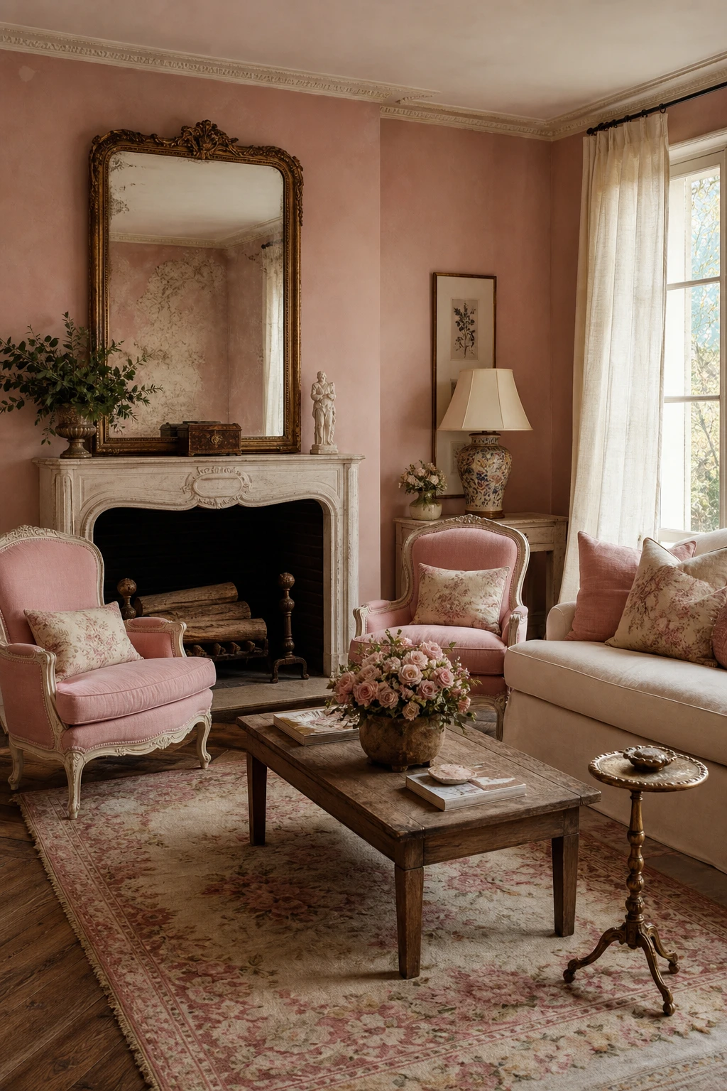 Vintage French country living room with cream and pink layers, carved armchairs, toile cushions, and Farrow and Ball Blooth Pink walls glowing in soft afternoon light