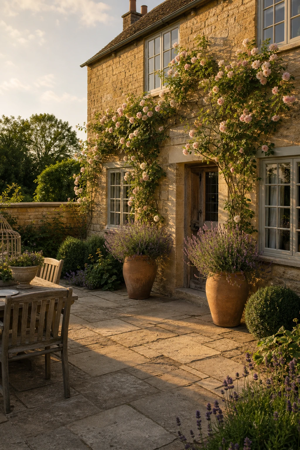 Warm honey stone cottage exterior with Oxford Stone painted window frames overlooking an English country garden patio in soft afternoon light